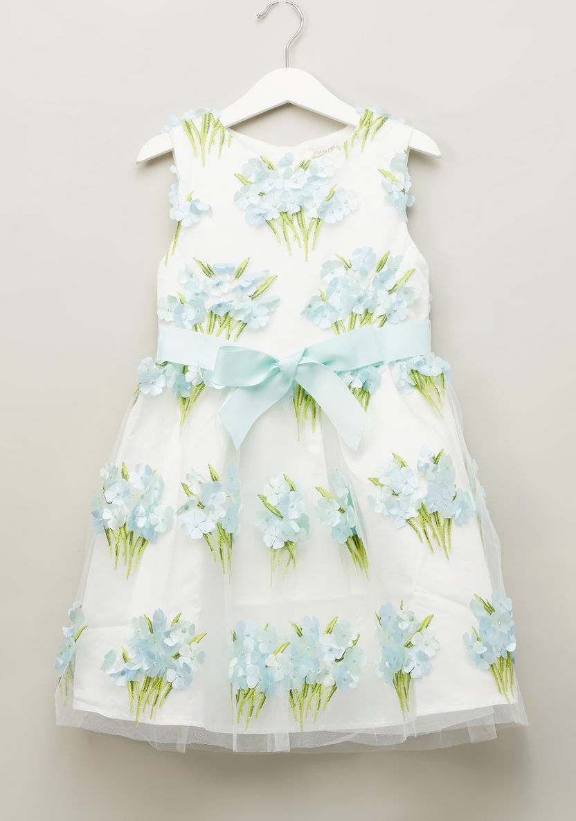 Juniors Printed Sleeveless Dress with Flower Applique Detail-Dresses%2C Gowns and Frocks-image-0