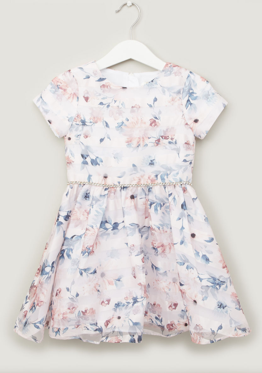 Juniors Floral Print Dress with Short Sleeves and Stud Detail-Dresses%2C Gowns and Frocks-image-0