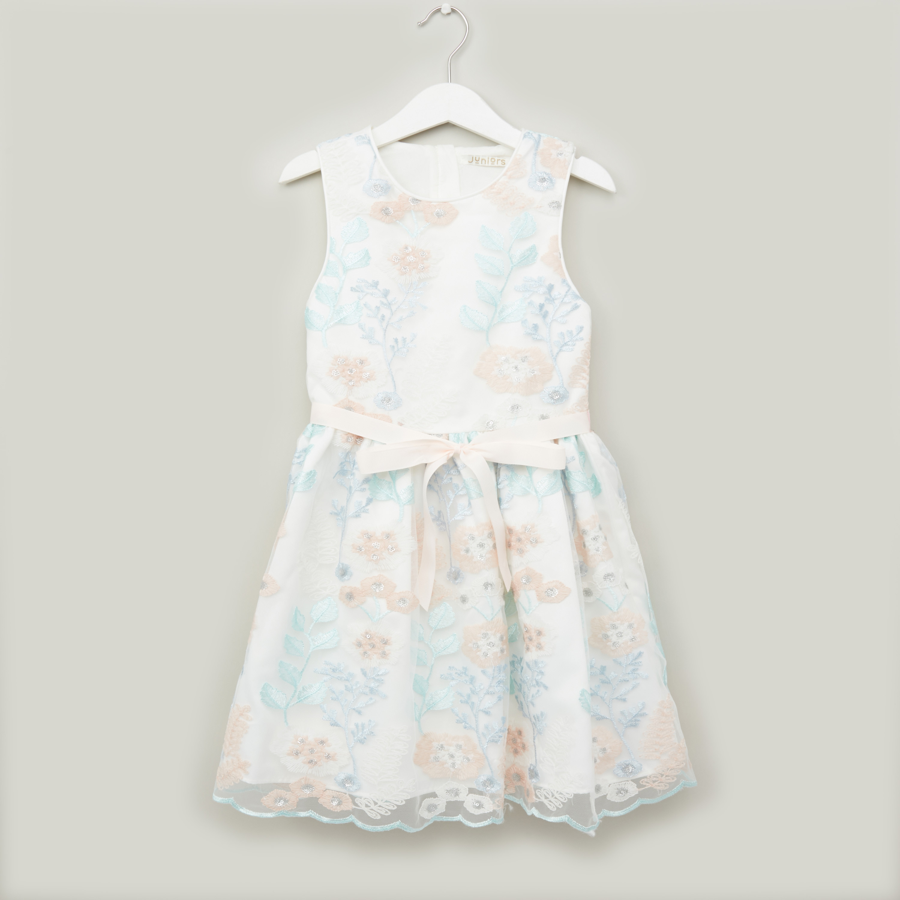 Buy Juniors Embellished Sleeveless Dress with Round Neck and Tie Ups Online Babyshop UAE