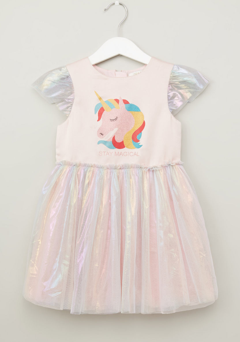 Juniors Unicorn Printed Dress with Round Neck and Cap Sleeves-Dresses%2C Gowns and Frocks-image-0