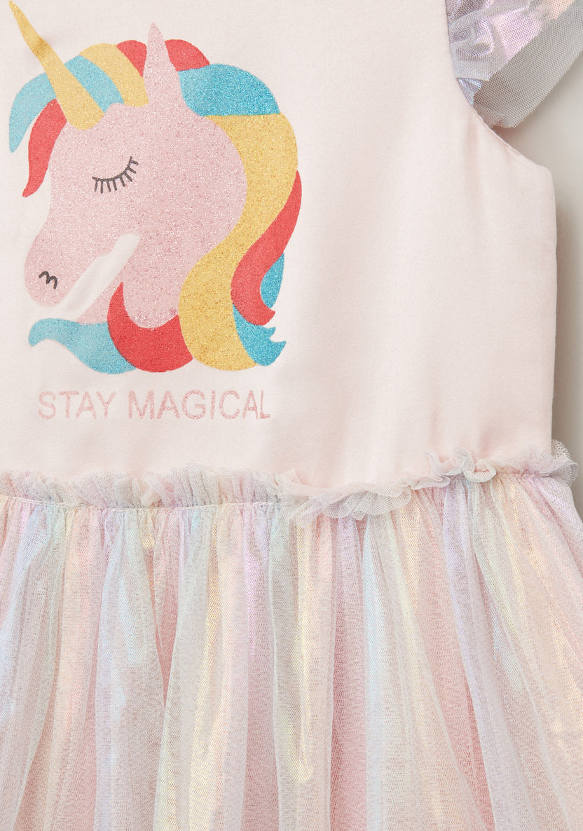 Juniors Unicorn Printed Dress with Round Neck and Cap Sleeves-Dresses%2C Gowns and Frocks-image-1