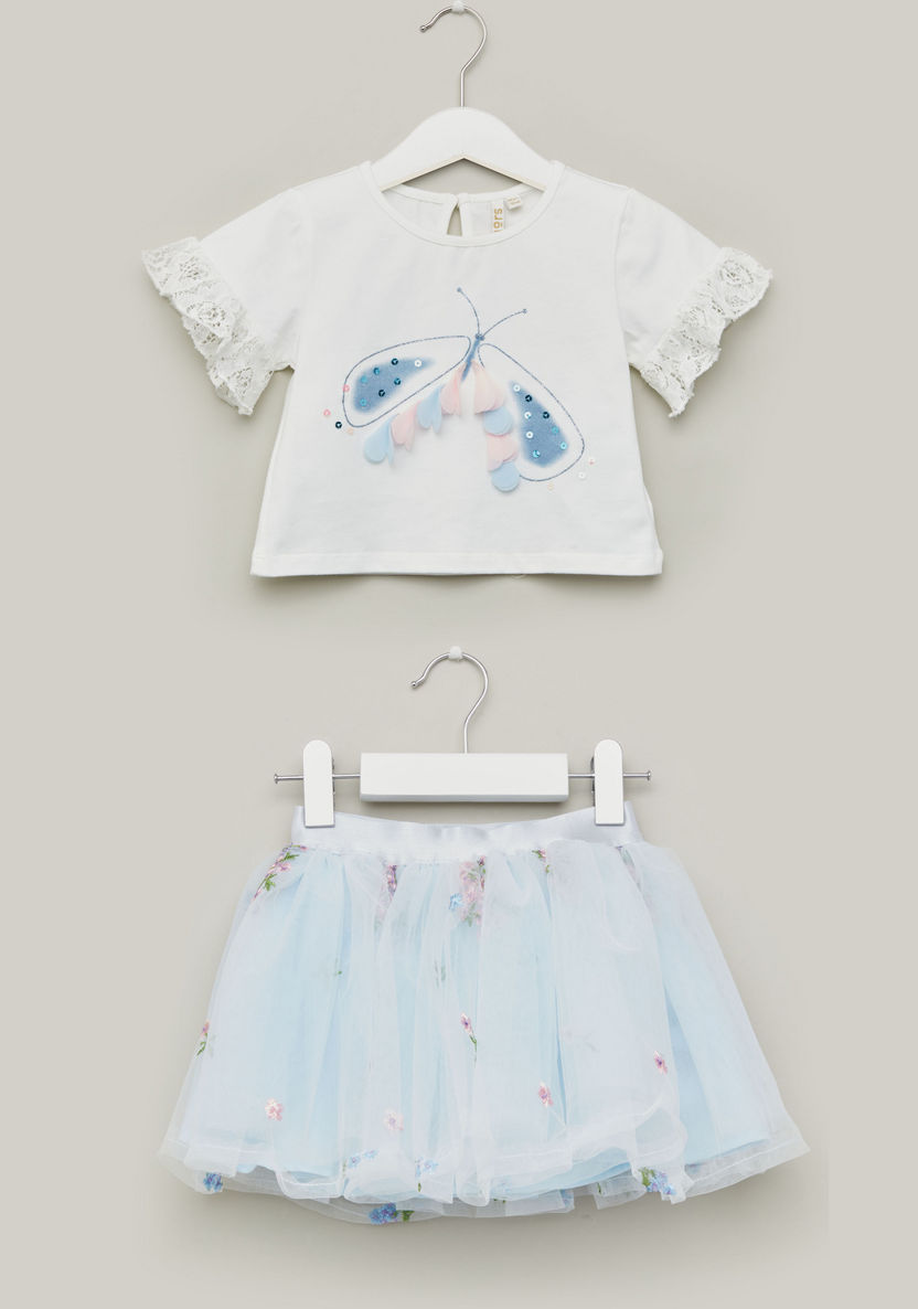 Juniors Applique Detail T-shirt with Embroidered Tutu Skirt-Clothes Sets-image-0