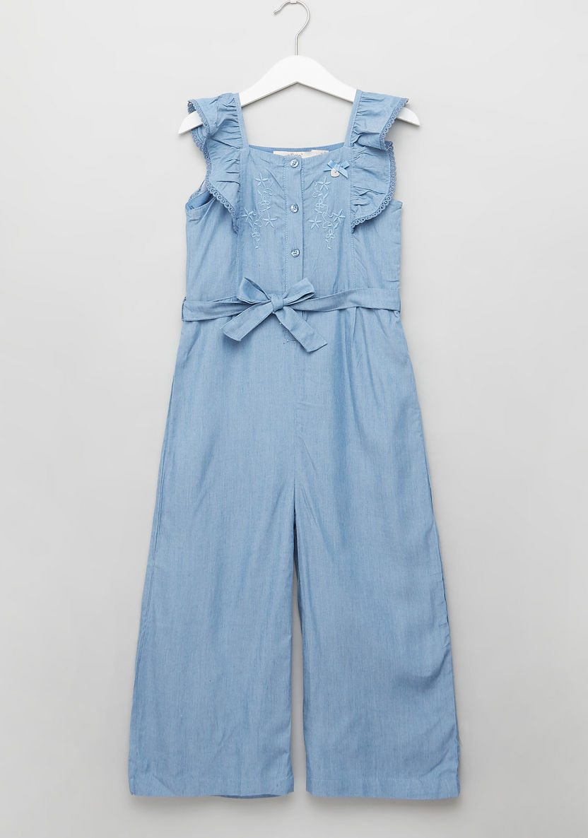 Eligo Denim Dungarees with Ruffle and Embroidery Detail-Rompers%2C Dungarees and Jumpsuits-image-0