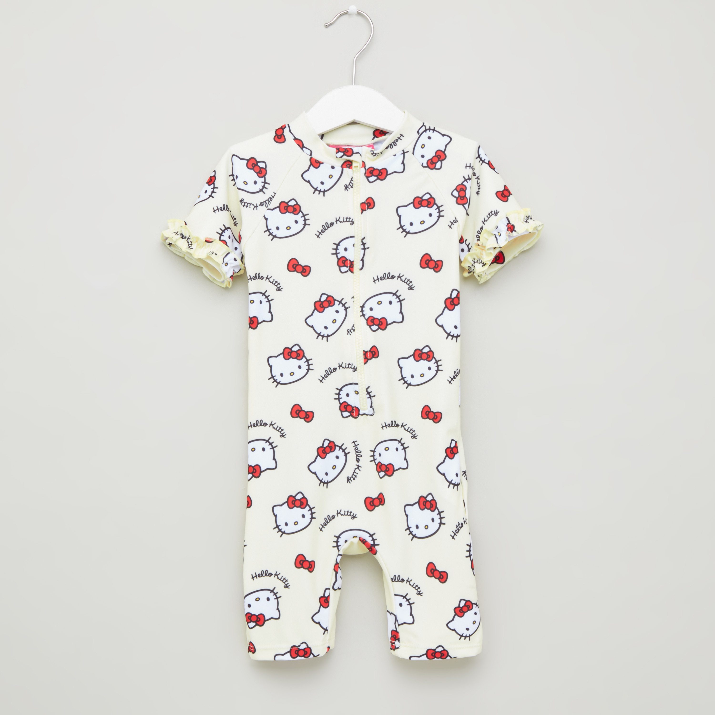 Hello Kitty Print Swimsuit with Round Neck and Short Sleeves-baby-girls-clothing-swimwear-image-1