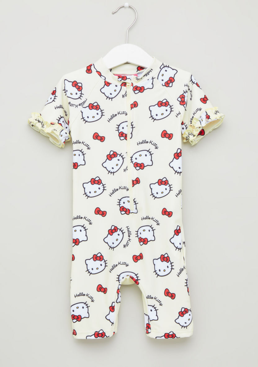 Hello Kitty Print Swimsuit with Round Neck and Short Sleeves-Swimwear-image-0