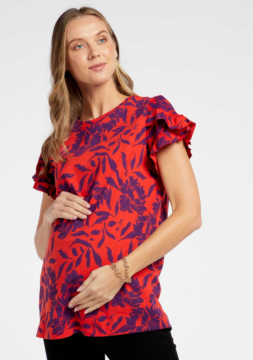 Love Mum Floral Print Maternity Top with Ruffle Detail-Tops-image-0