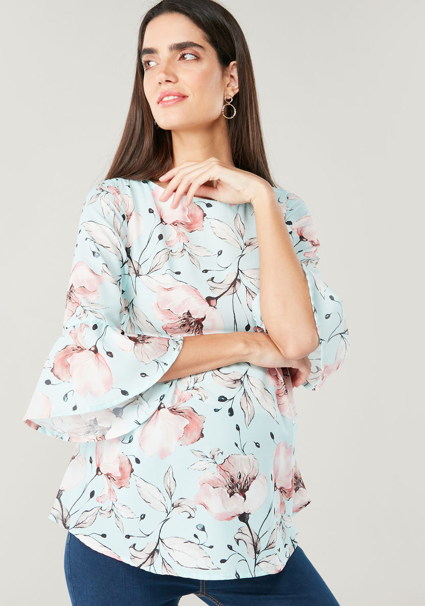 Love Mum Maternity Floral Print Top with Round Neck and Bell Sleeves-Tops-image-0