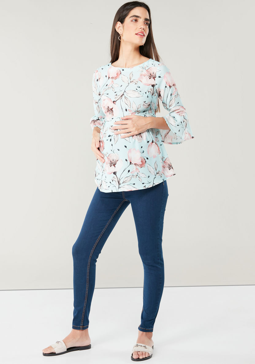 Love Mum Maternity Floral Print Top with Round Neck and Bell Sleeves-Tops-image-1
