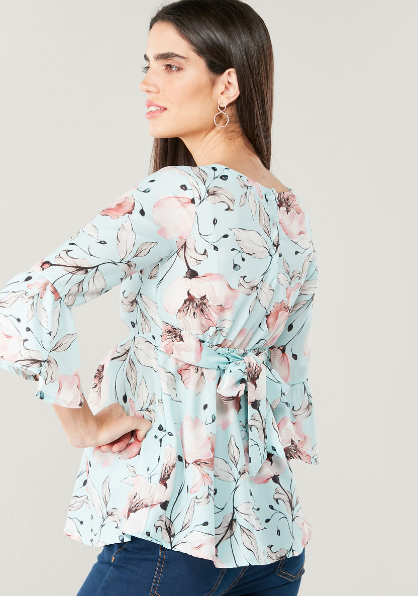 Love Mum Maternity Floral Print Top with Round Neck and Bell Sleeves-Tops-image-3