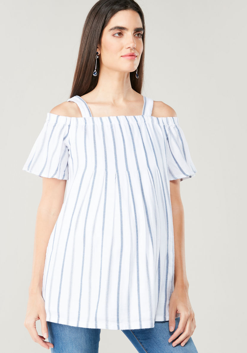 Love Mum Maternity Striped Cold Shoulder Top with Short Sleeves-Tops-image-0