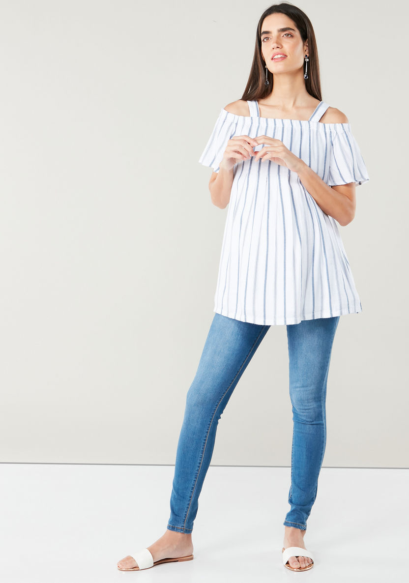 Love Mum Maternity Striped Cold Shoulder Top with Short Sleeves-Tops-image-1