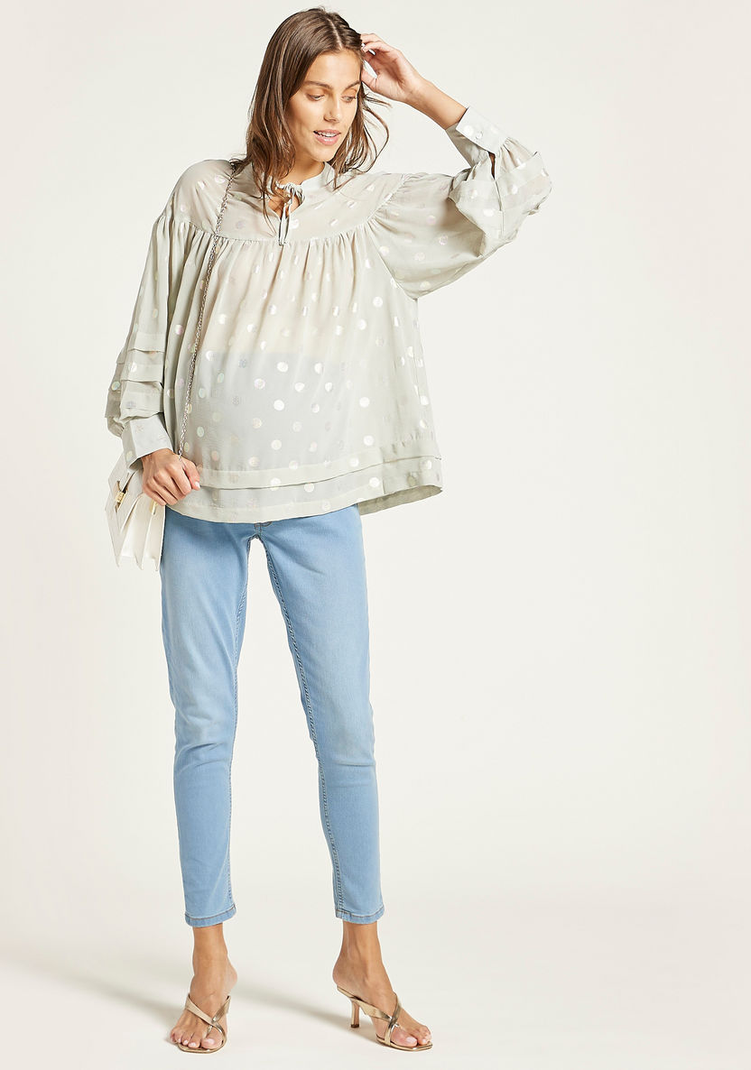 Love Mum Printed Maternity Blouse with Long Sleeves and Tie-Ups-Tops-image-0
