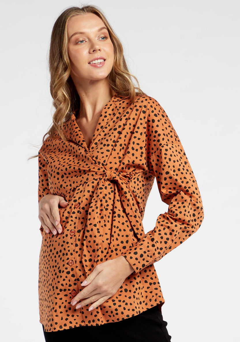 Love Mum Animal Print Maternity Shirt with Long Sleeves and Tie Up-Tops-image-0