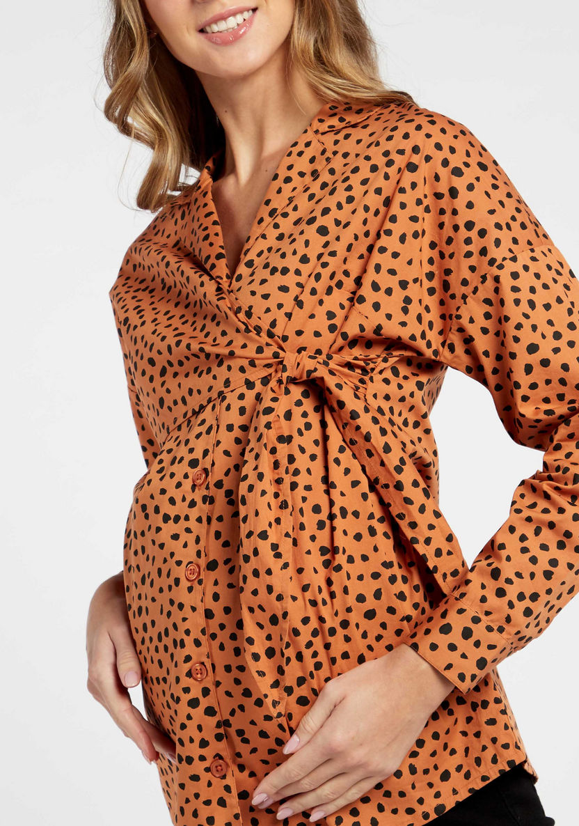 Love Mum Animal Print Maternity Shirt with Long Sleeves and Tie Up-Tops-image-2