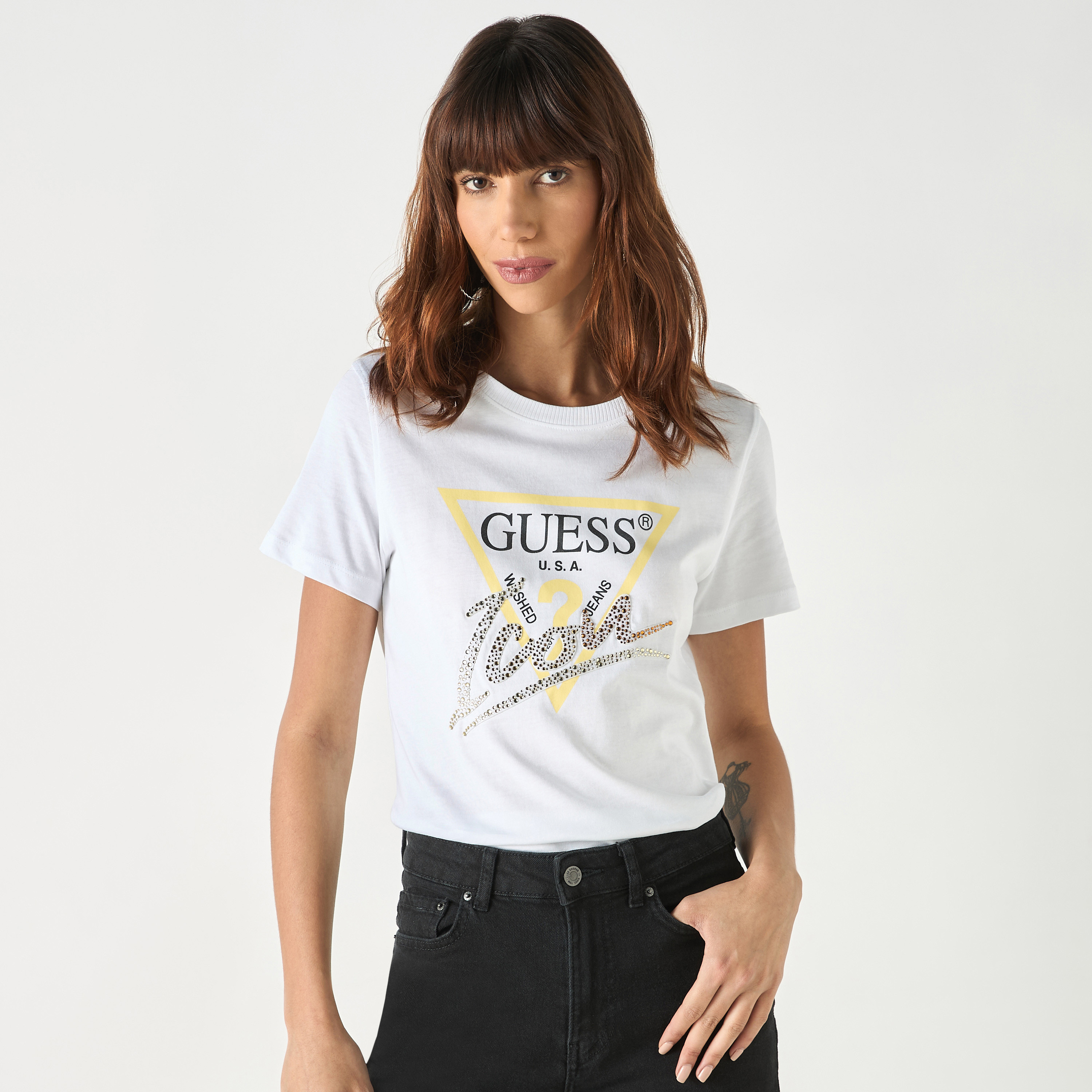 Guess Logo Print Round Neck T-shirt with Short Sleeves-women-clothing-tshirts-image-1