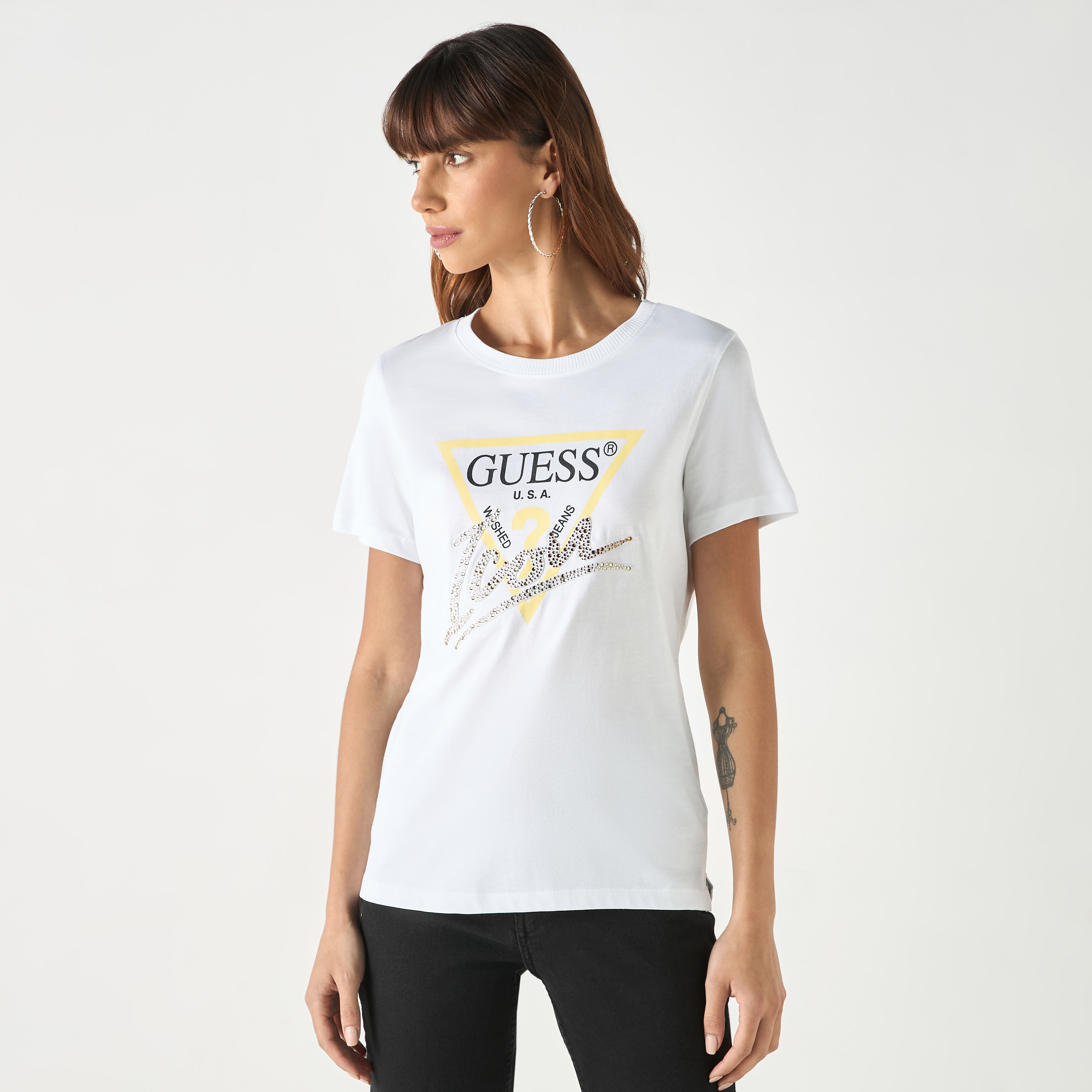 Guess Logo Print Round Neck T-shirt with Short Sleeves-women-clothing-tshirts-image-2