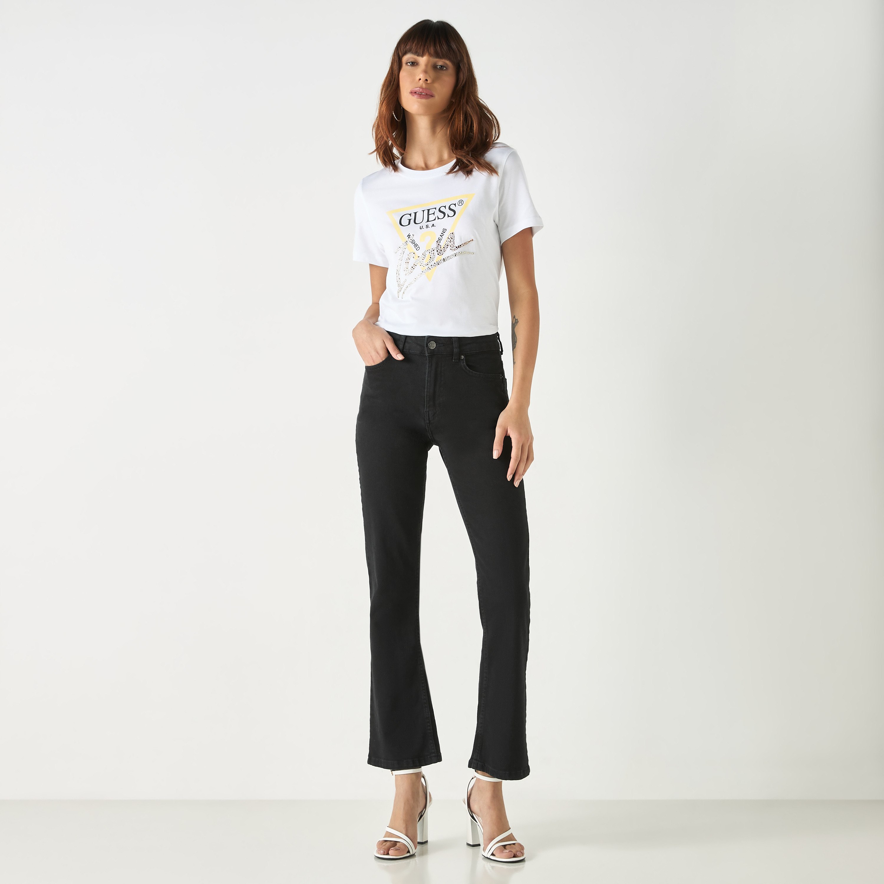 Guess Logo Print Round Neck T-shirt with Short Sleeves-women-clothing-tshirts-image-3