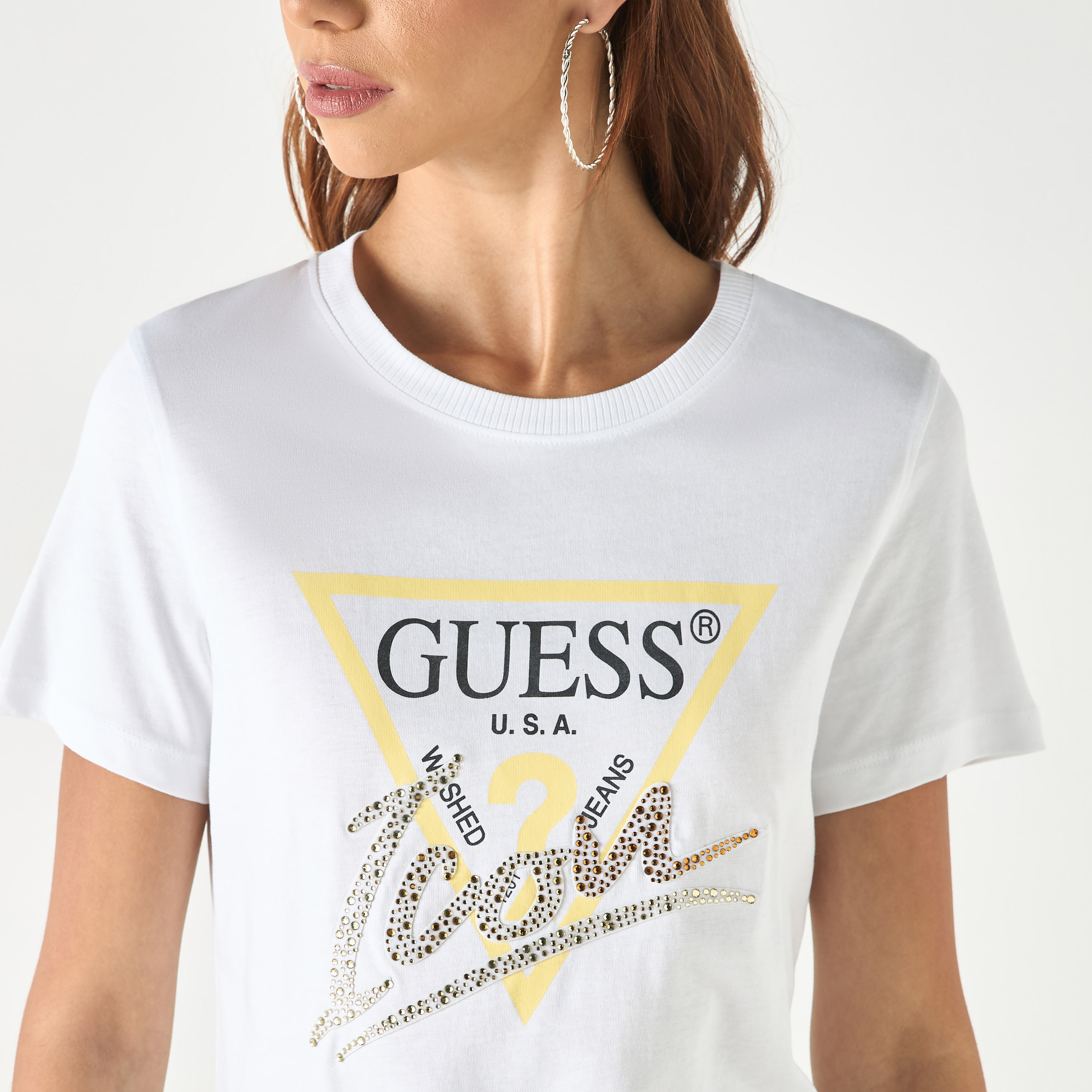 Guess Logo Print Round Neck T-shirt with Short Sleeves-women-clothing-tshirts-image-5