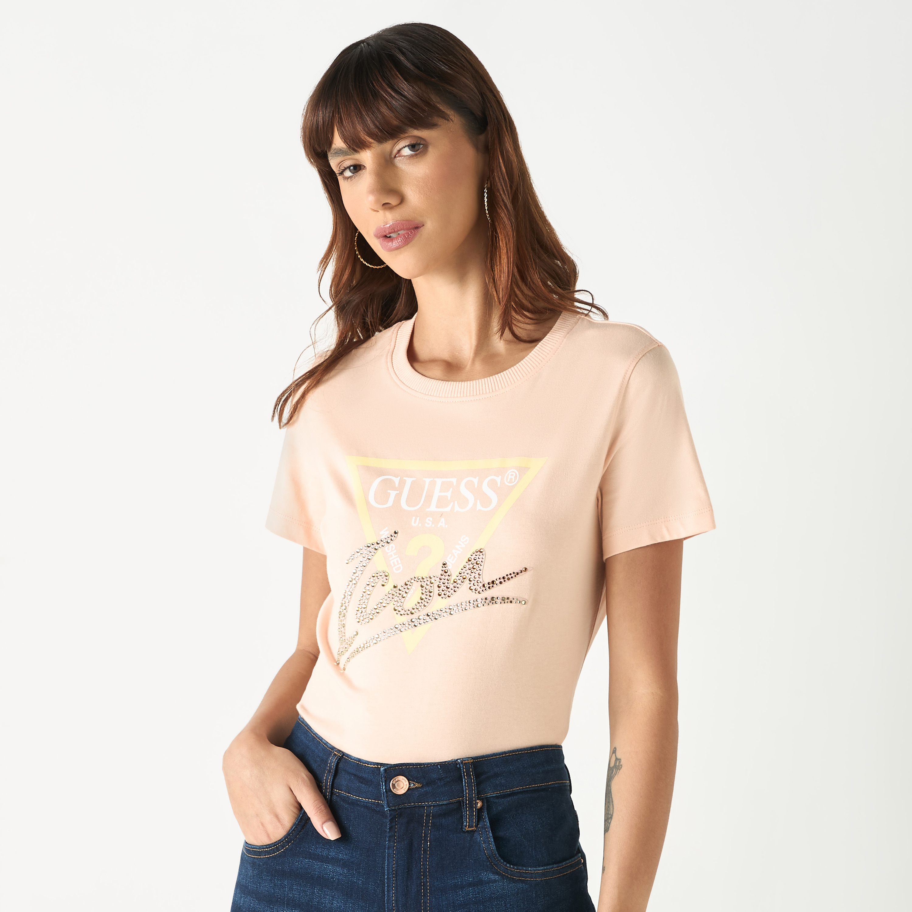 Guess Logo Print Round Neck T-shirt with Short Sleeves-women-clothing-tshirts-image-6