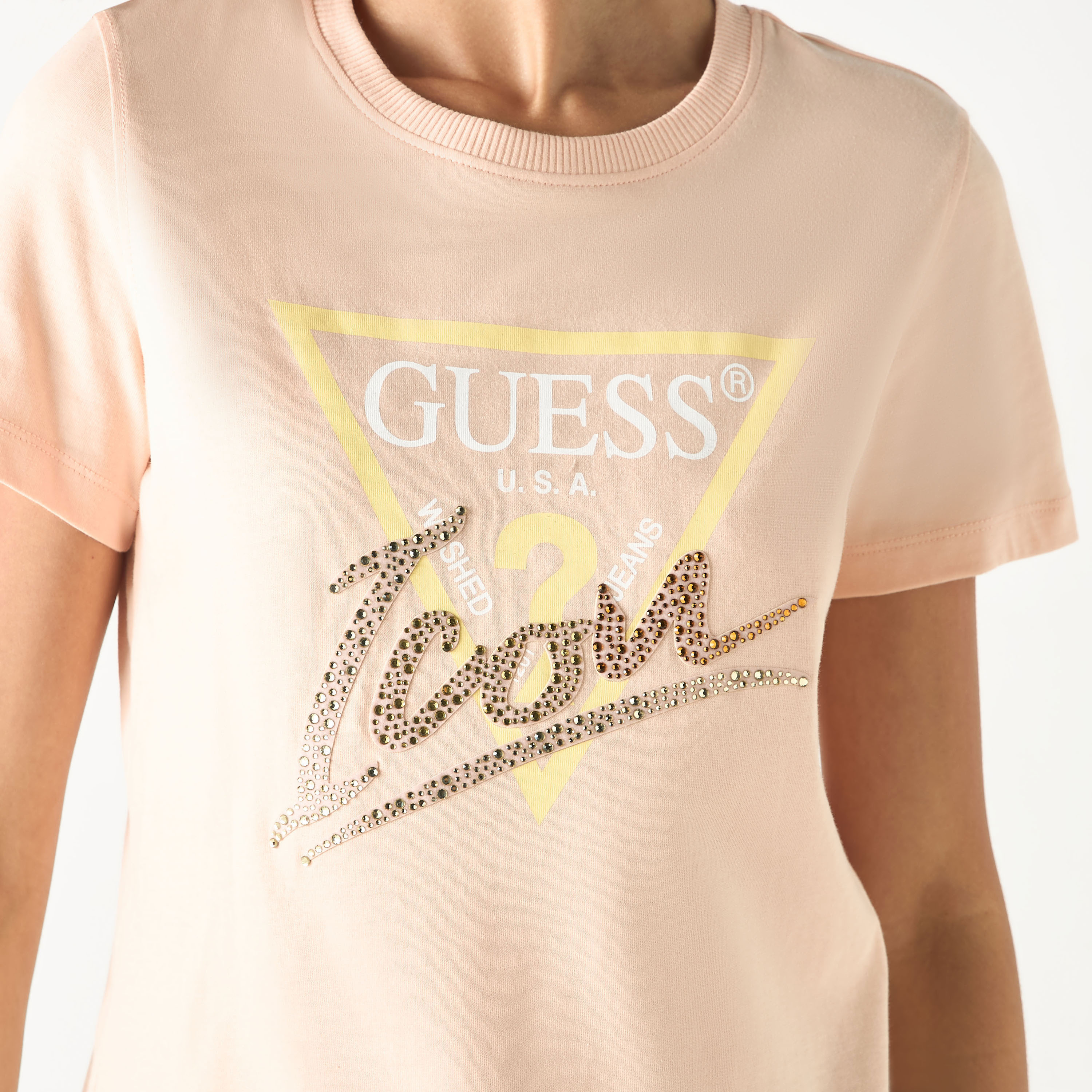 Guess Logo Print Round Neck T-shirt with Short Sleeves-women-clothing-tshirts-image-10