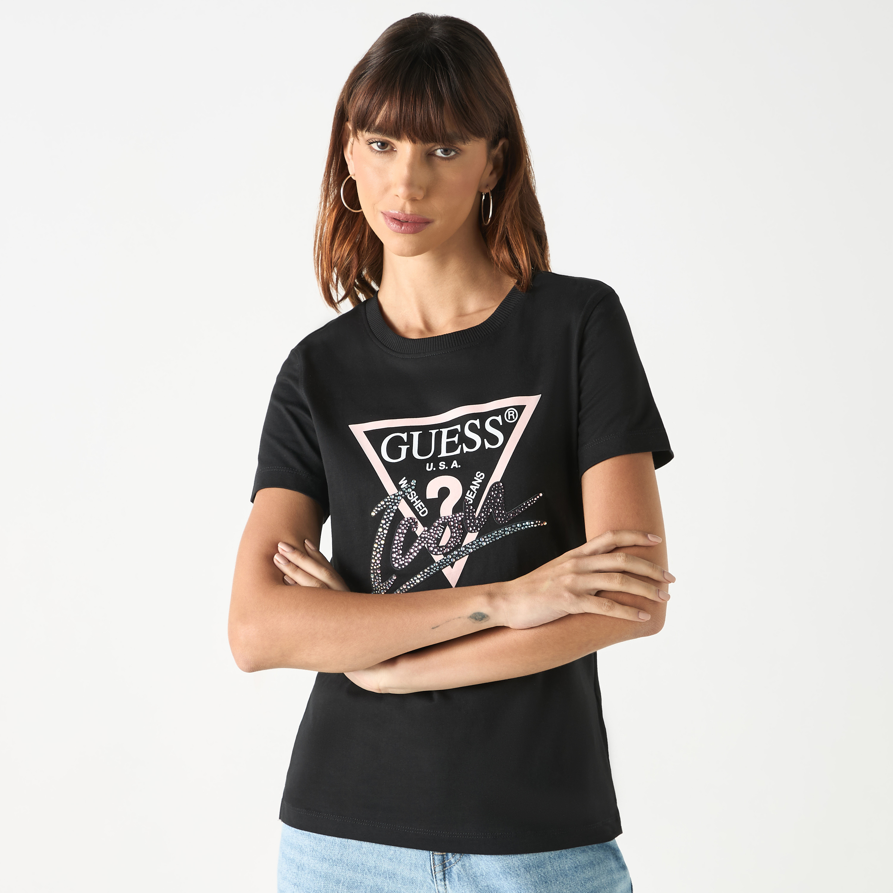 Guess Logo Print Round Neck T-shirt with Short Sleeves-women-clothing-tshirts-image-11