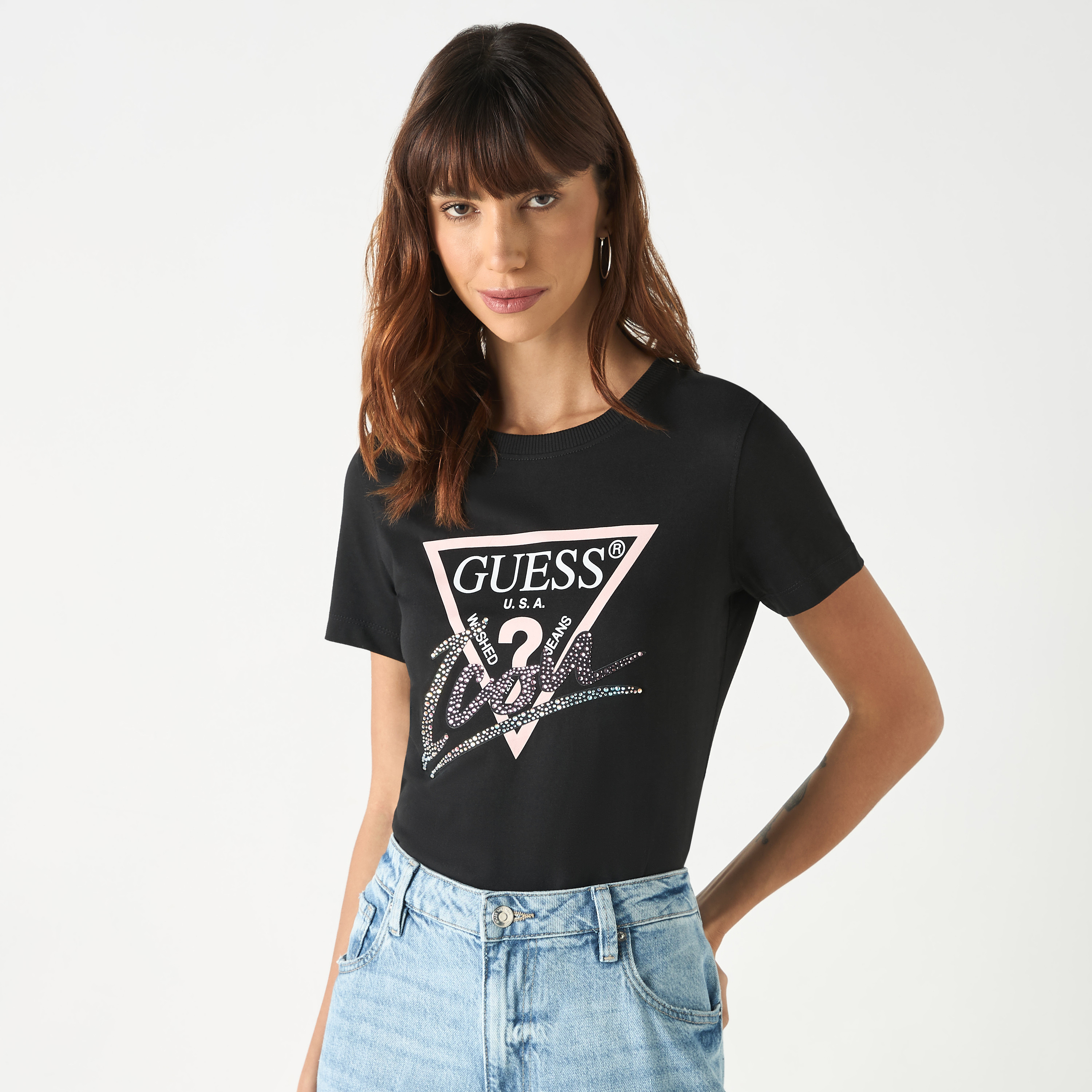 Guess Logo Print Round Neck T-shirt with Short Sleeves-women-clothing-tshirts-image-12