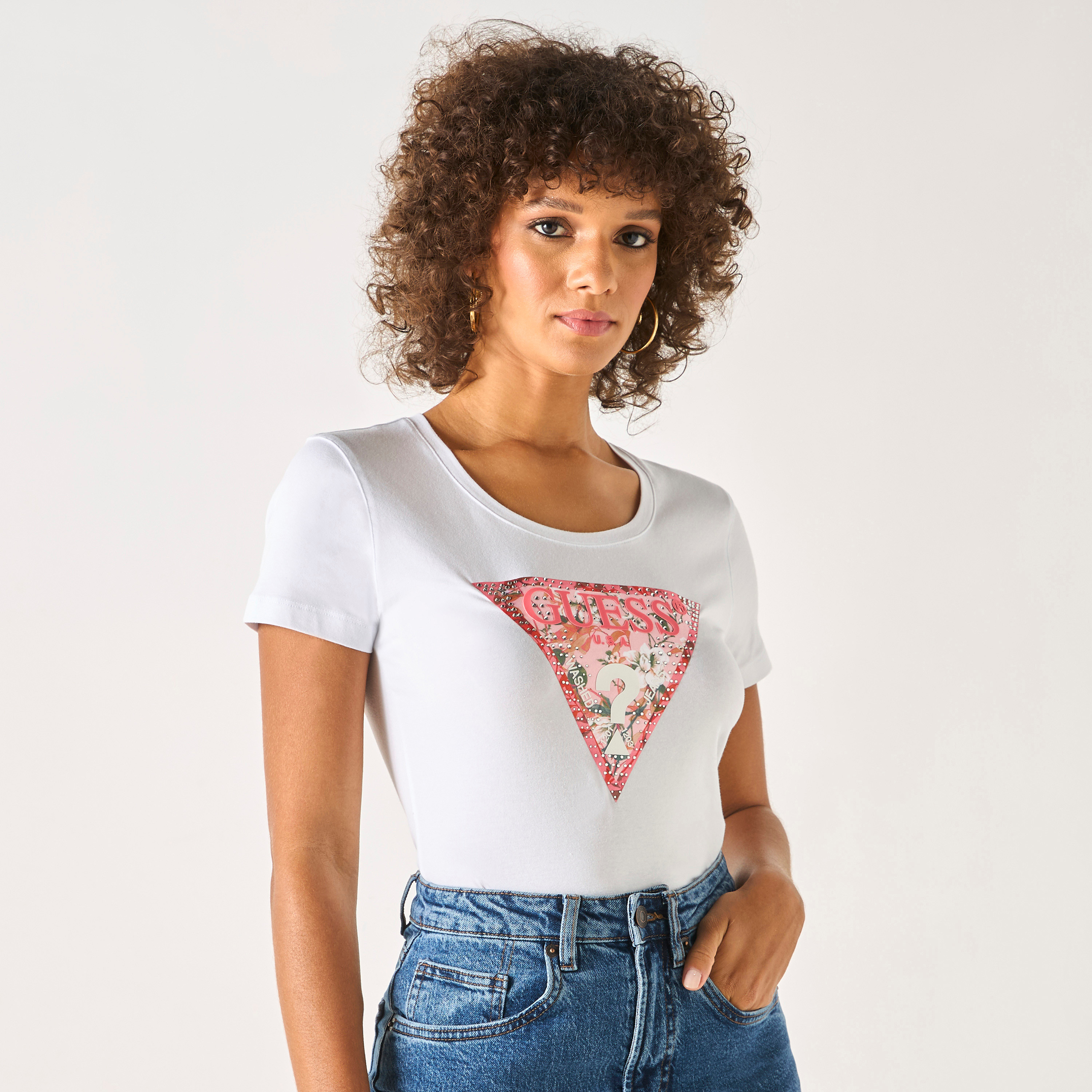 Guess Logo Print Round Neck T shirt with Short Sleeves