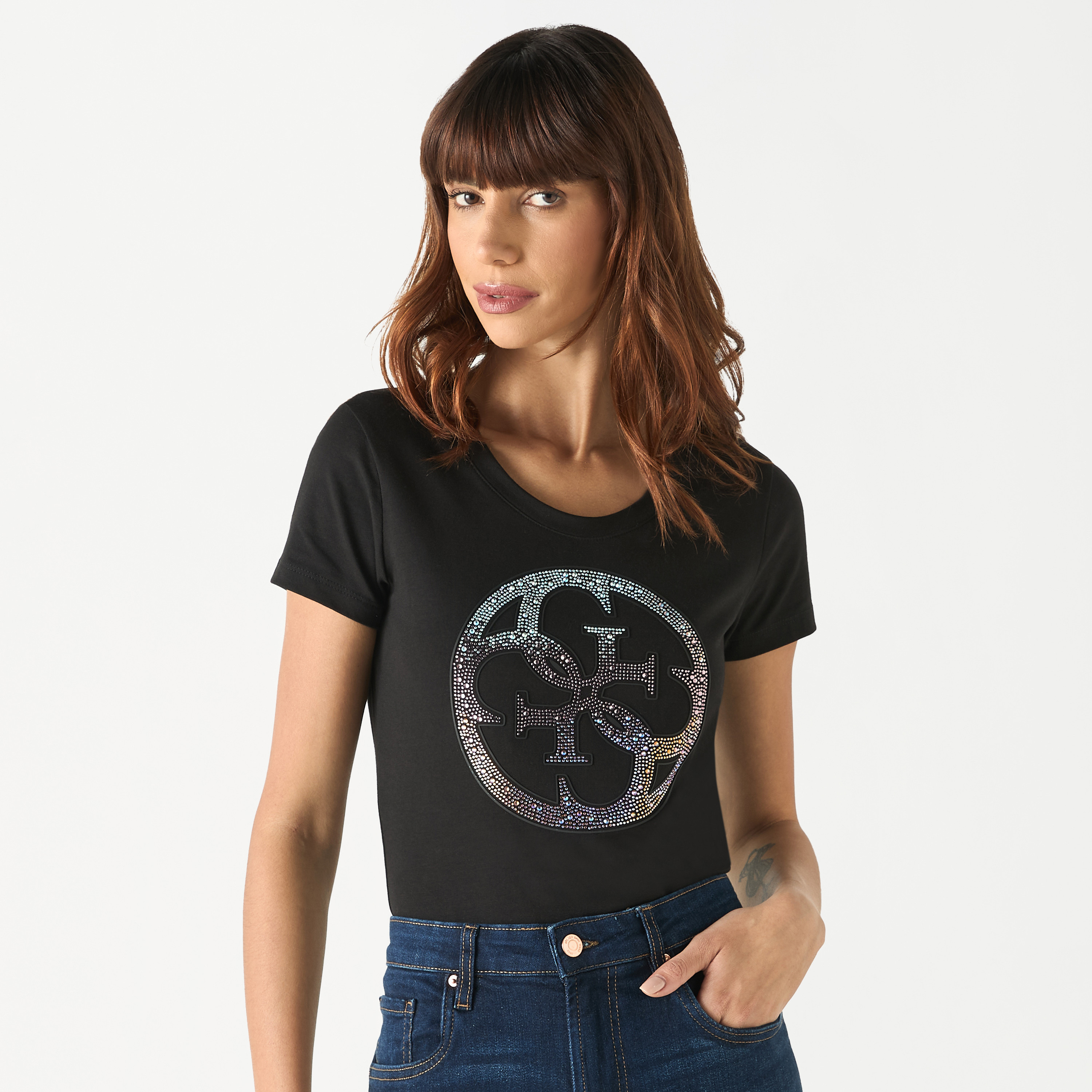 Guess Logo Embellished Round Neck T-shirt with Short Sleeves-women-clothing-tshirts-image-1