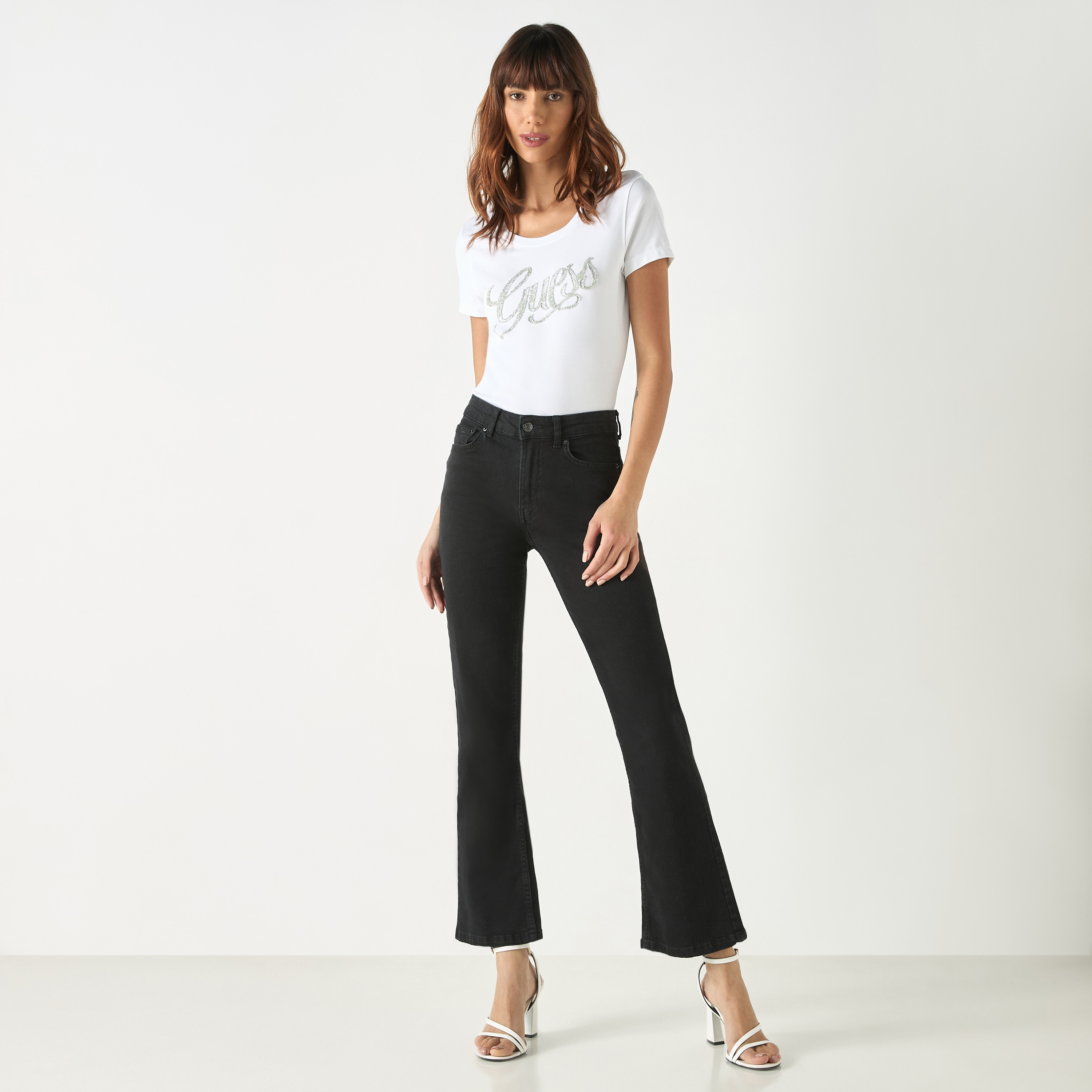Guess Logo Embellished Round Neck T-shirt with Short Sleeves-women-clothing-tshirts-image-3