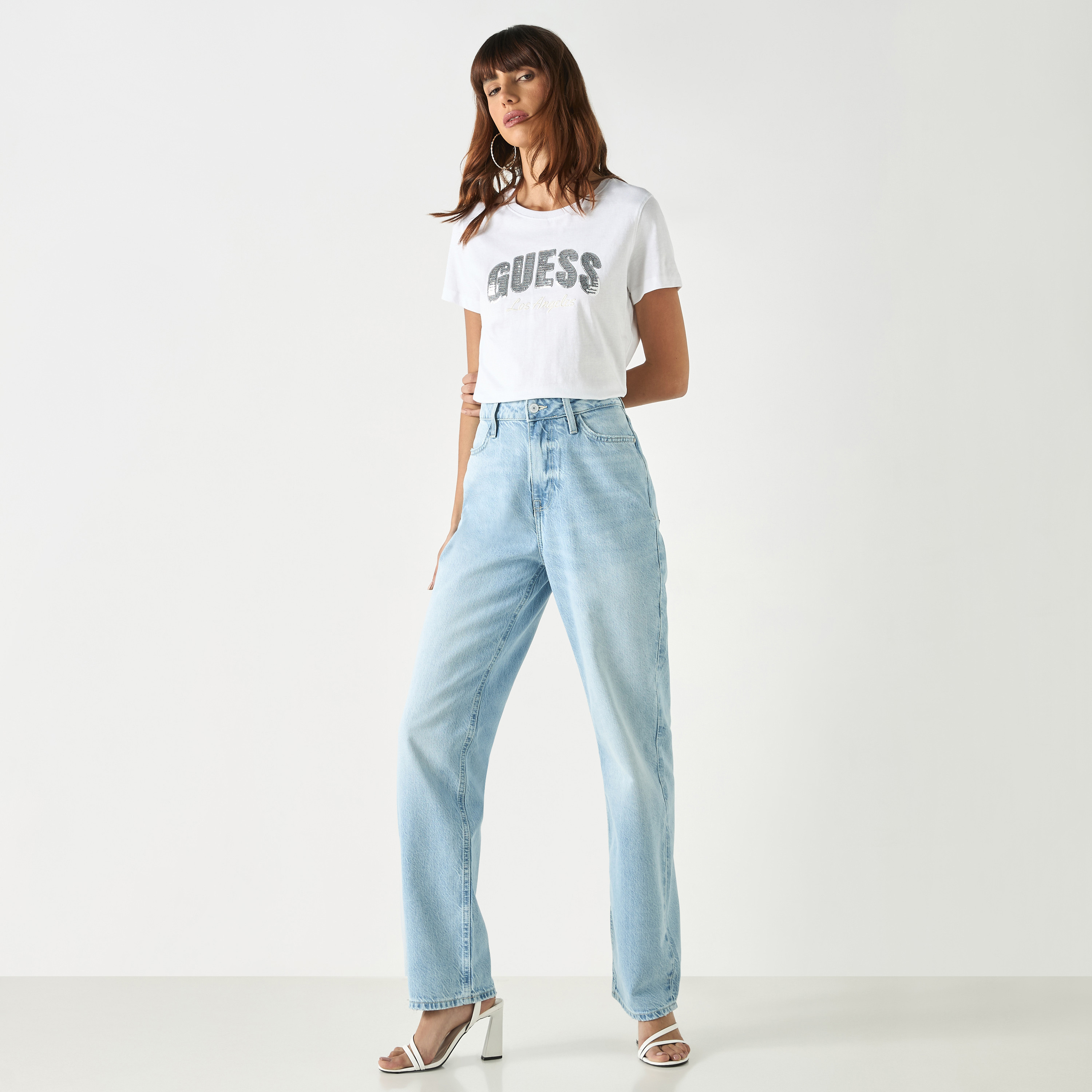 Guess Logo Embellished Round Neck T-shirt with Short Sleeves-women-clothing-tshirts-image-3