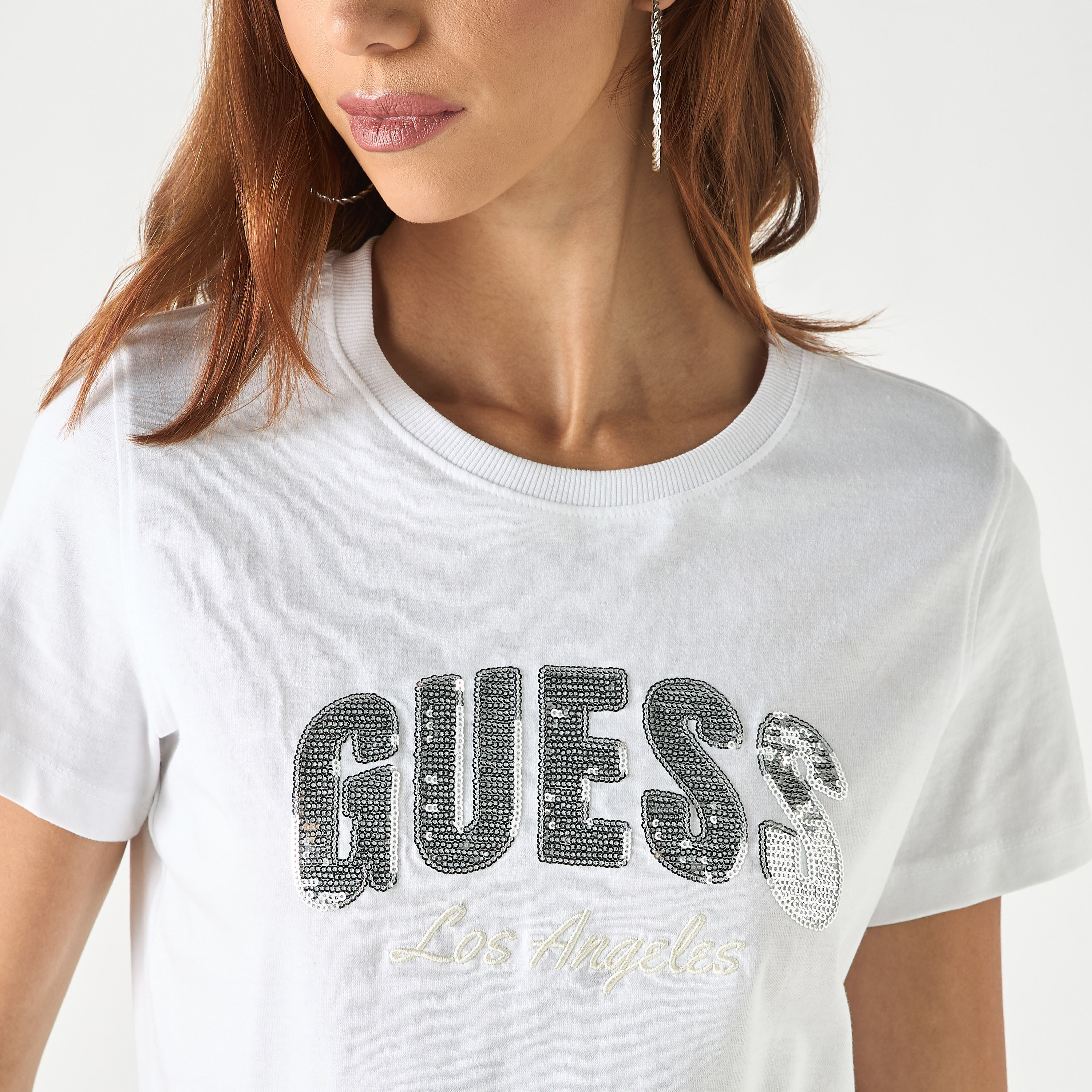 Guess Logo Embellished Round Neck T-shirt with Short Sleeves-women-clothing-tshirts-image-5