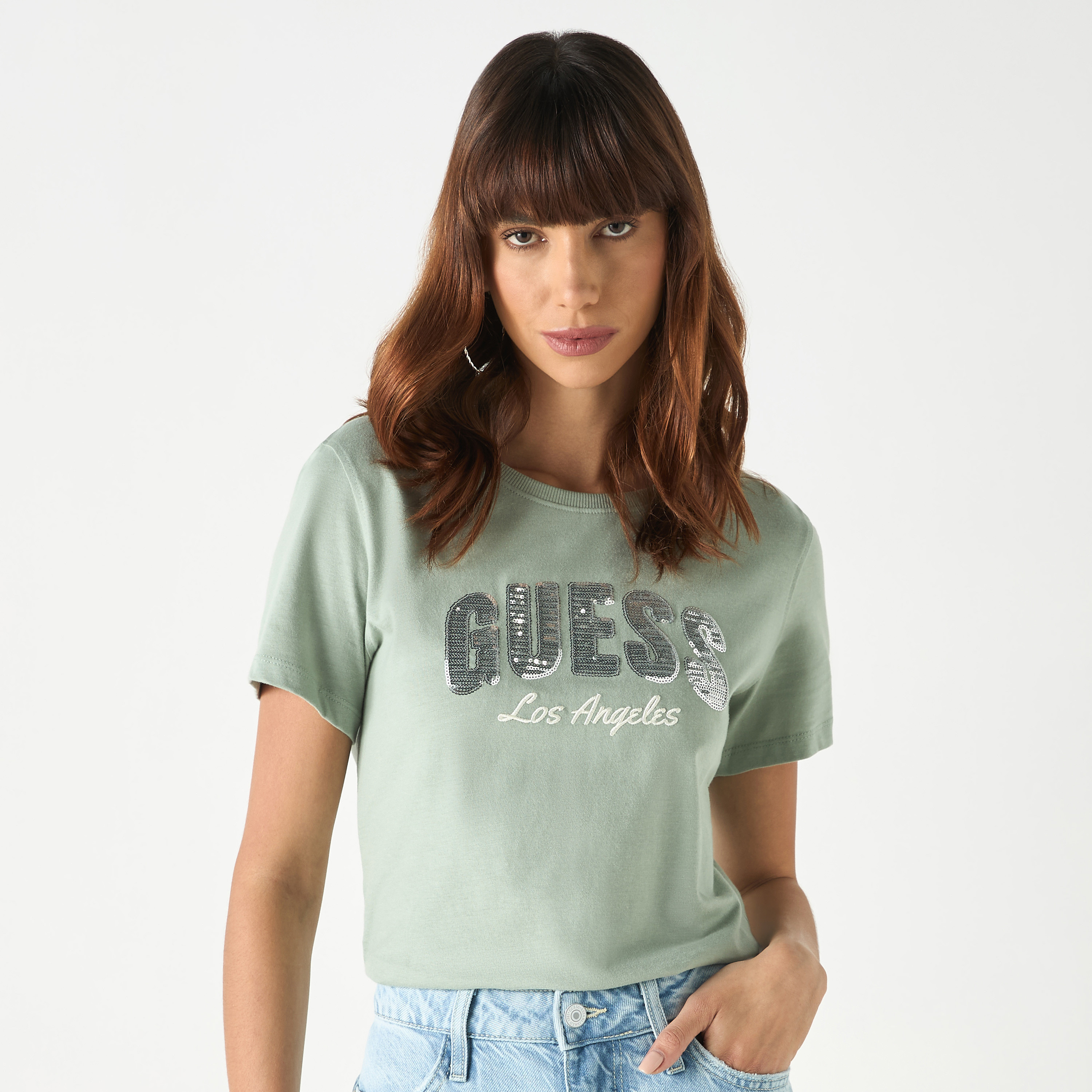 Guess Logo Embellished Round Neck T-shirt with Short Sleeves-women-clothing-tshirts-image-1