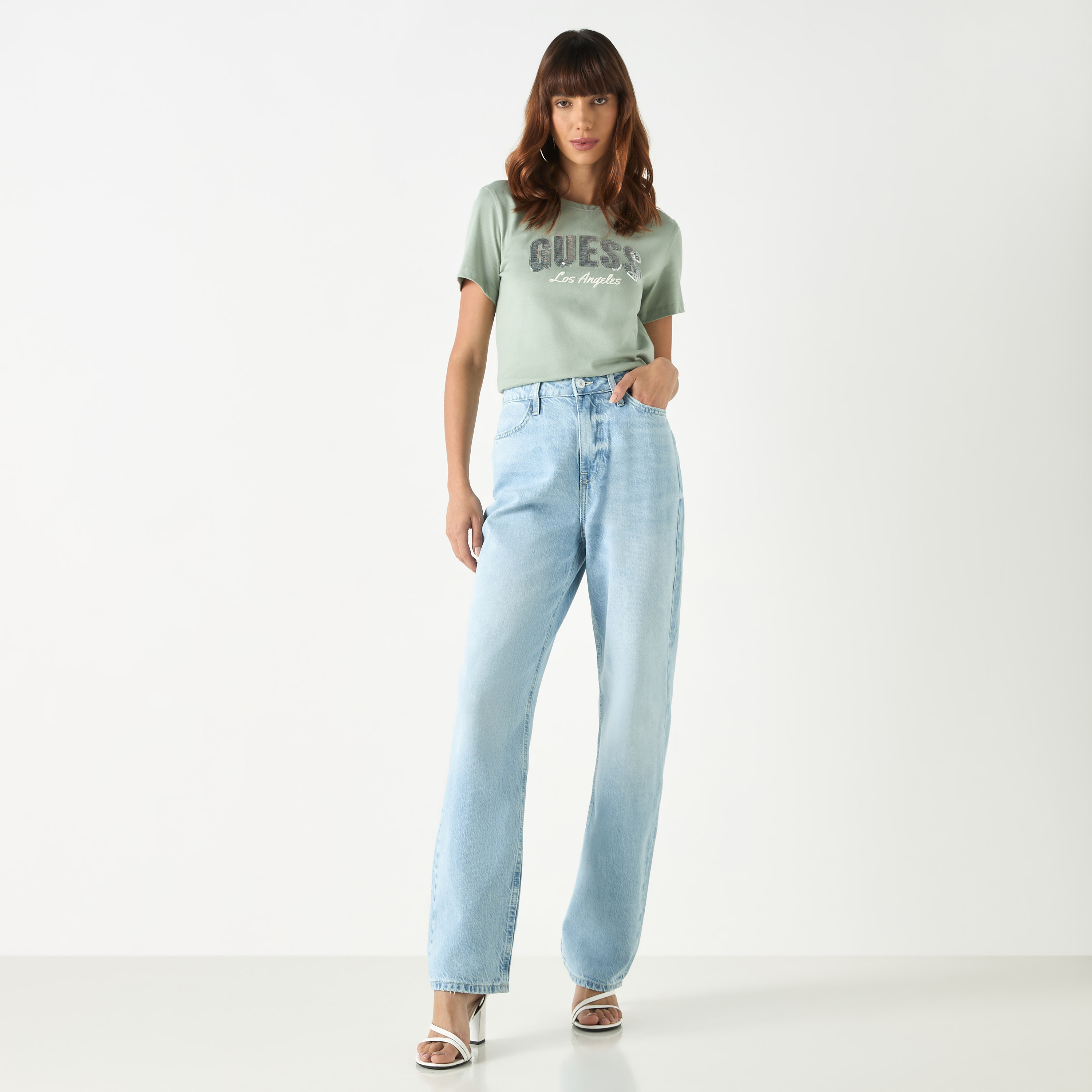 Guess Logo Embellished Round Neck T-shirt with Short Sleeves-women-clothing-tshirts-image-3