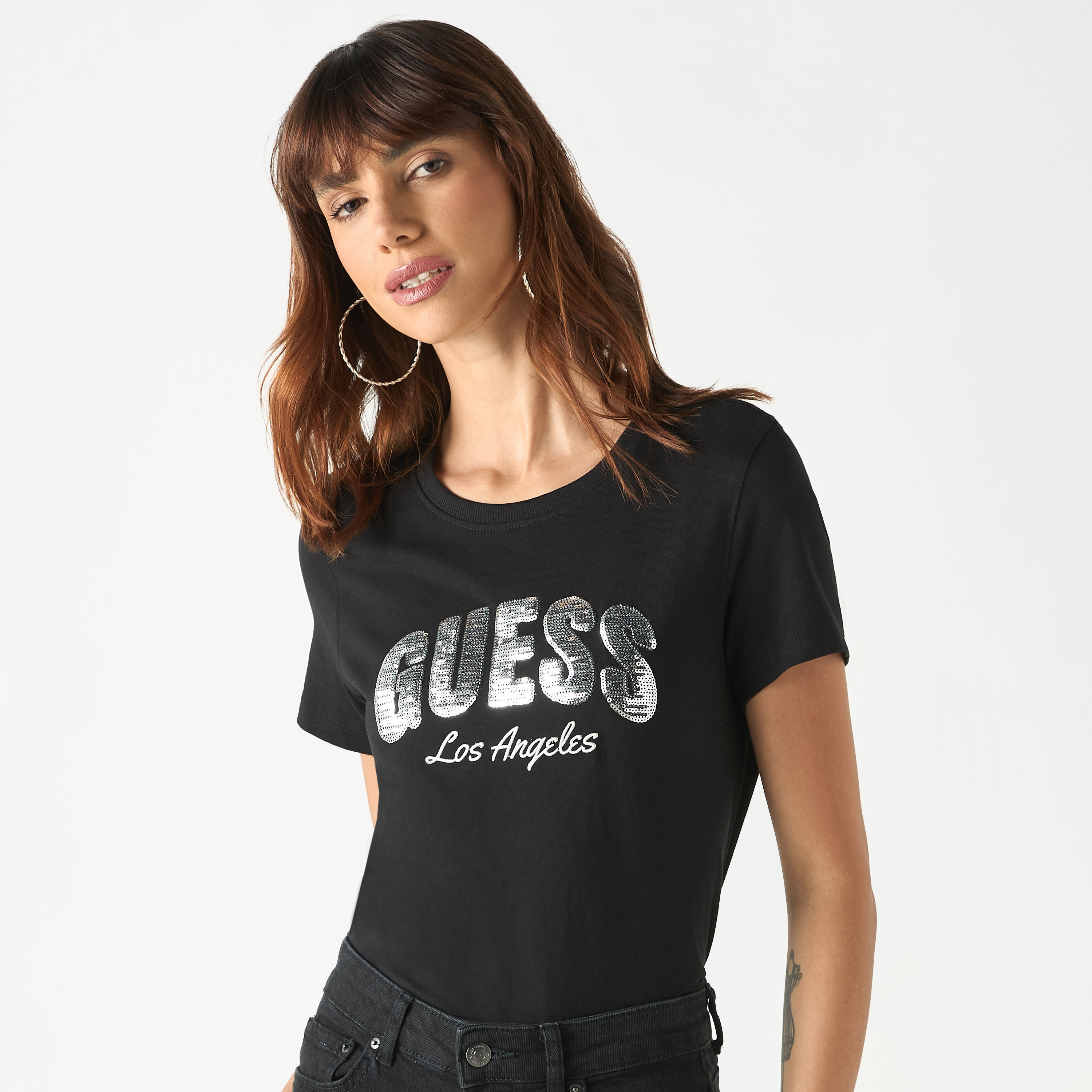 Guess Logo Embellished Round Neck T-shirt with Short Sleeves-women-clothing-tshirts-image-1
