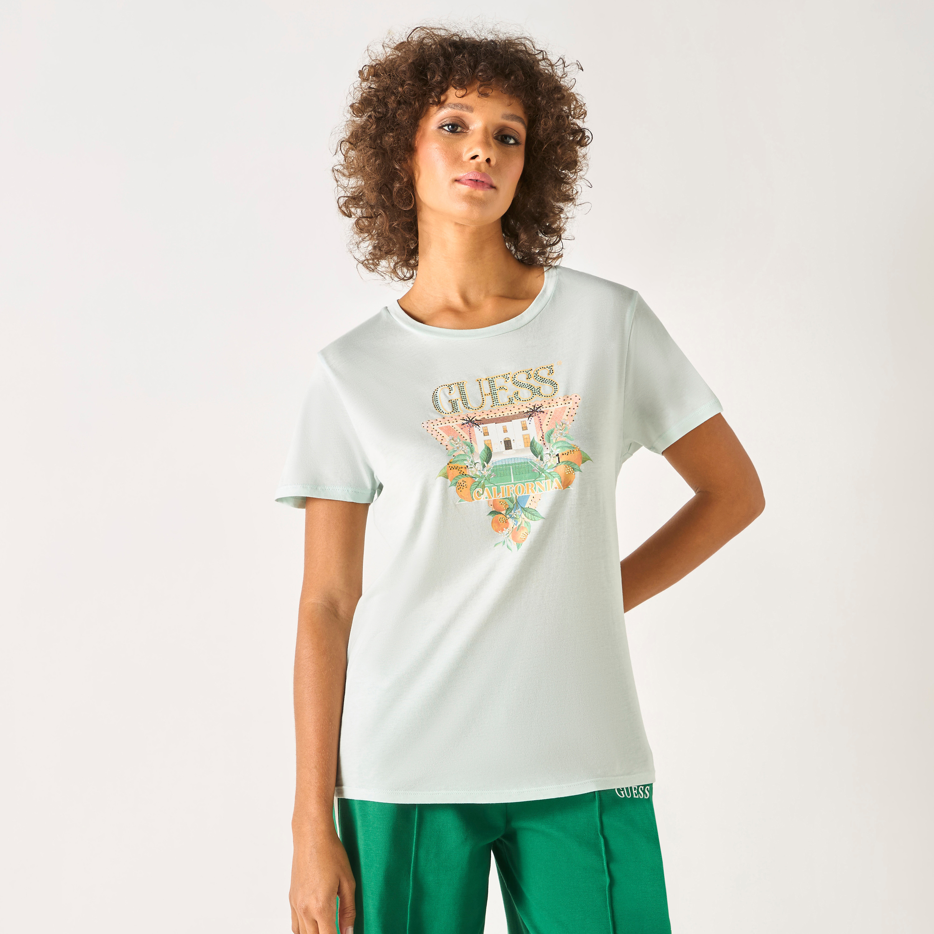 Guess Logo Embellished Round Neck T-shirt with Short Sleeves-women-clothing-tshirts-image-3