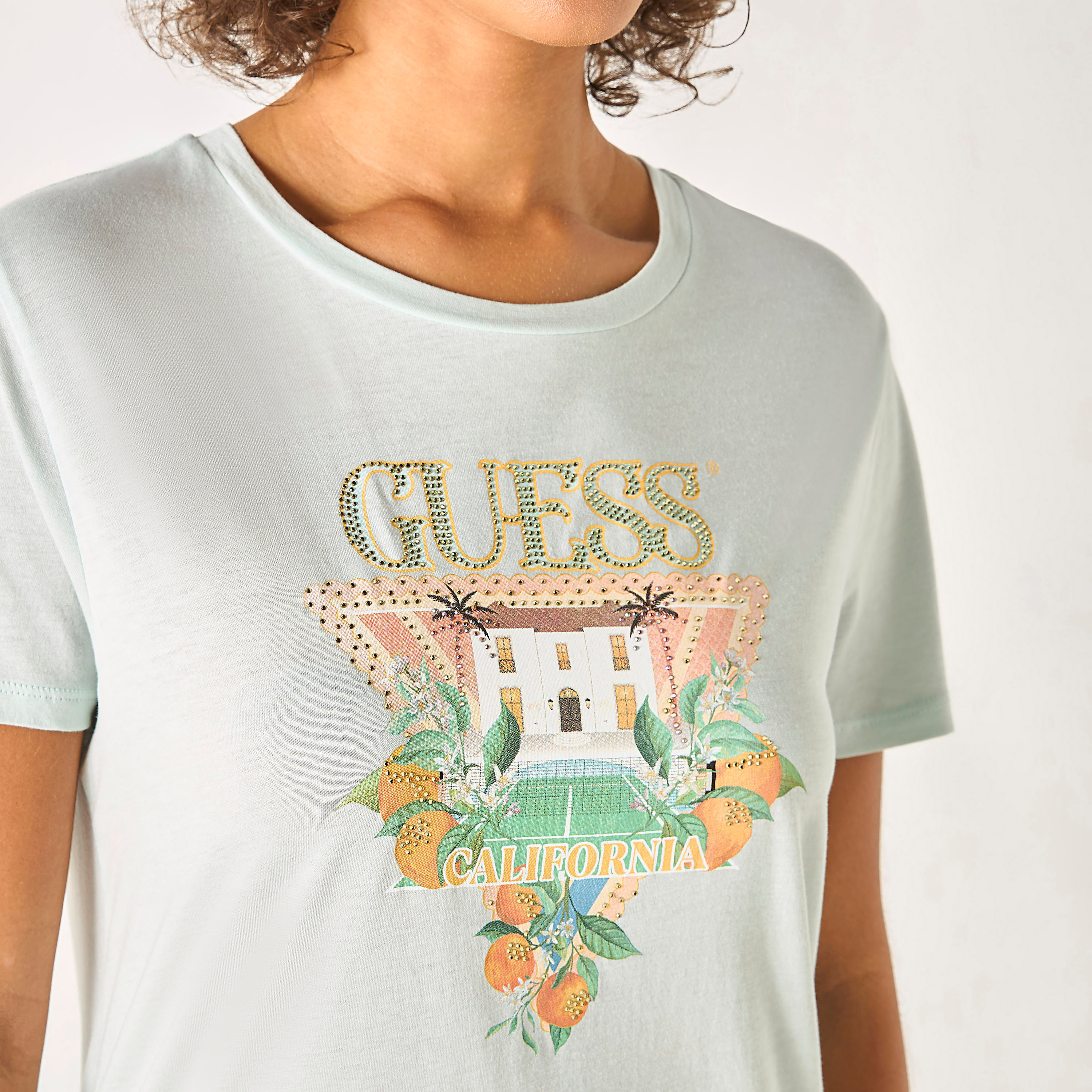 Buy Women s Guess Logo Embellished Round Neck T shirt with Short Sleeves Online Centrepoint Qatar