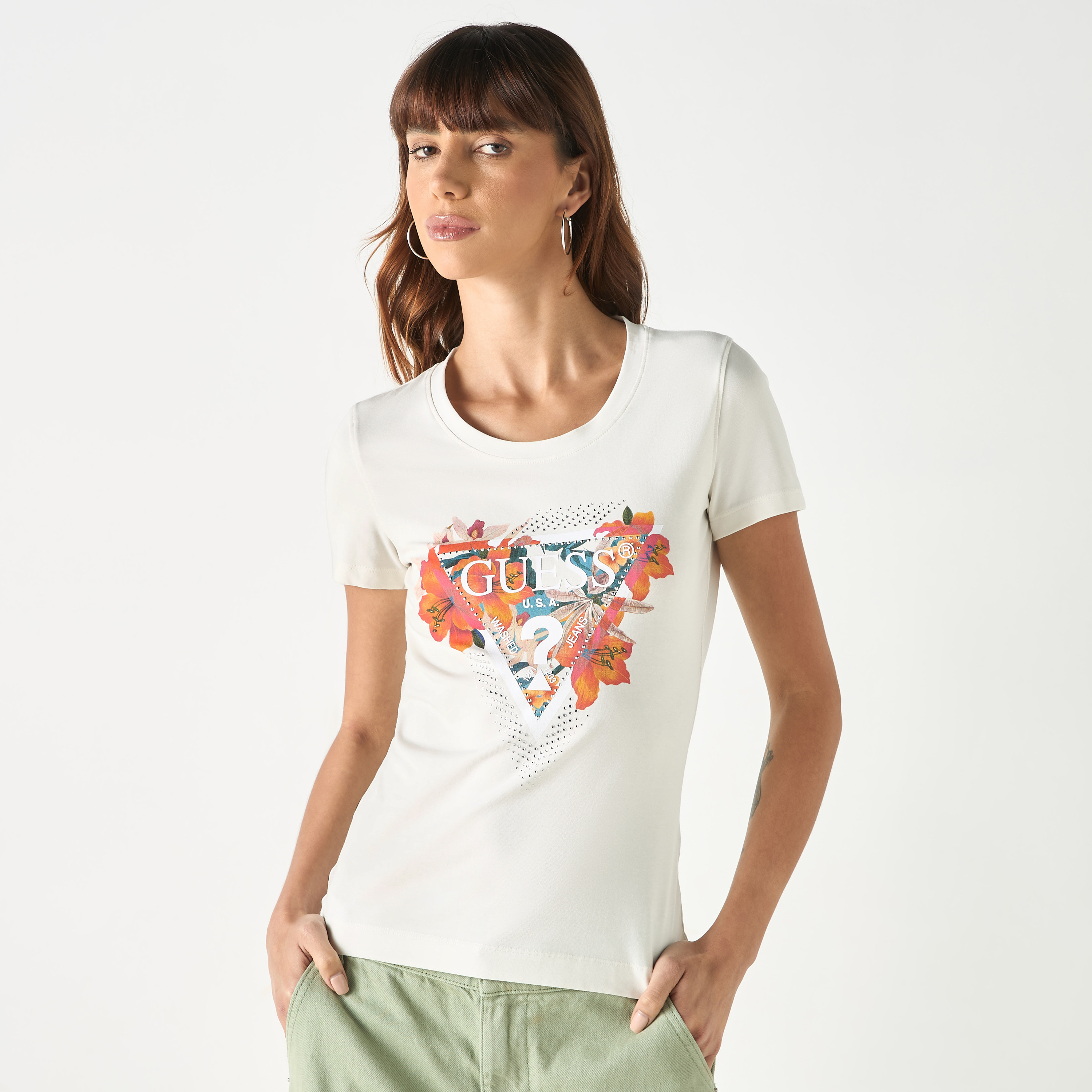 Guess Logo Print Round Neck T-shirt with Short Sleeves-women-clothing-tshirts-image-1
