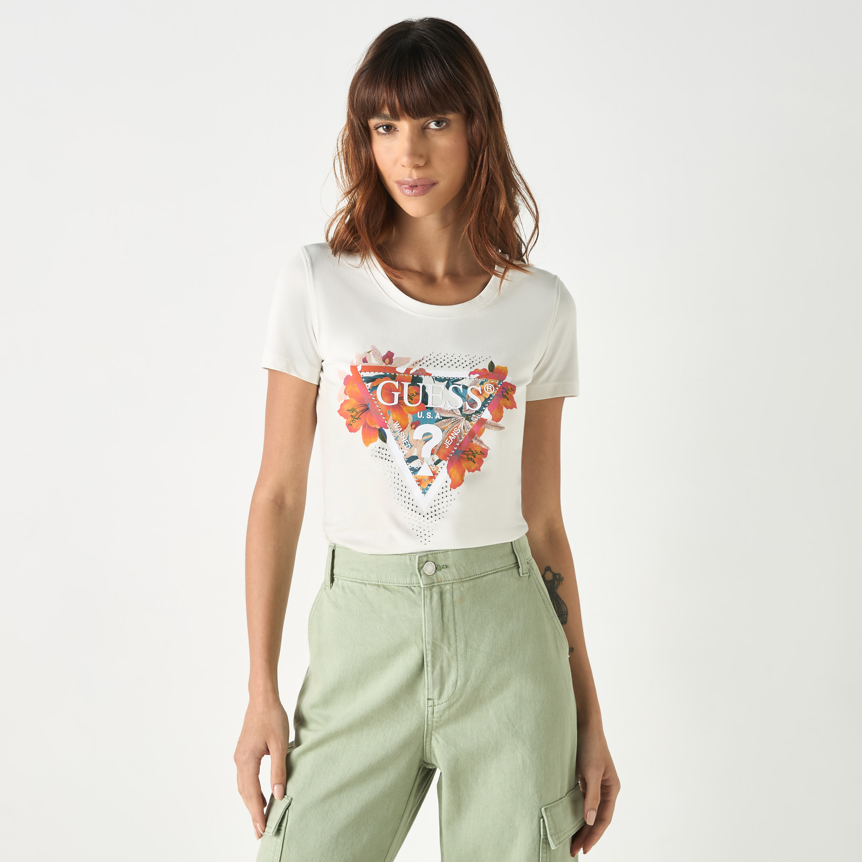Guess Logo Print Round Neck T-shirt with Short Sleeves-women-clothing-tshirts-image-2