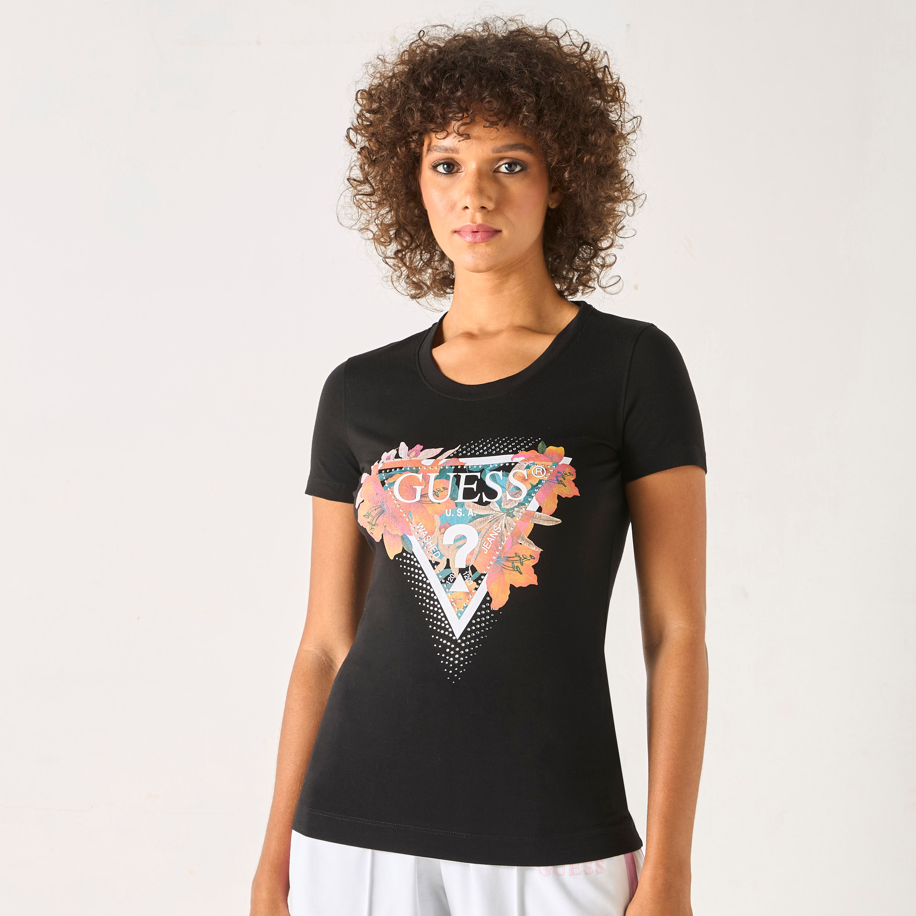 Guess Logo Print Round Neck T-shirt with Short Sleeves-women-clothing-tshirts-image-3