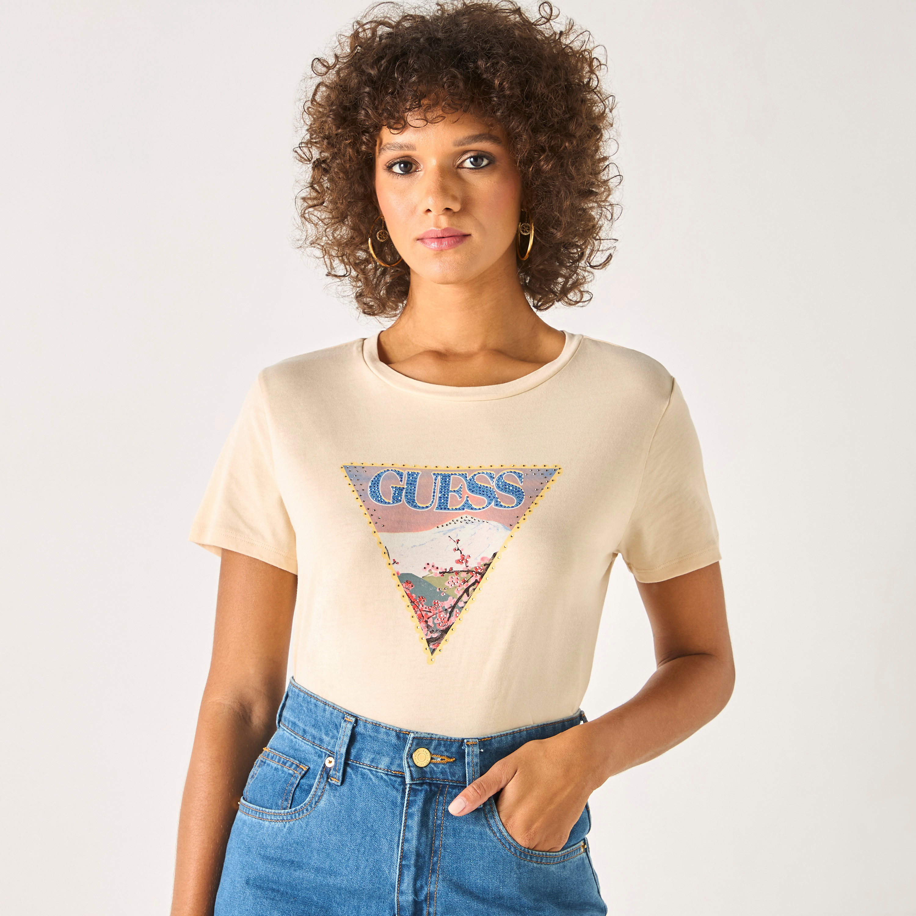 Guess Logo Embellished Round Neck T-shirt with Short Sleeves-women-clothing-tshirts-image-1