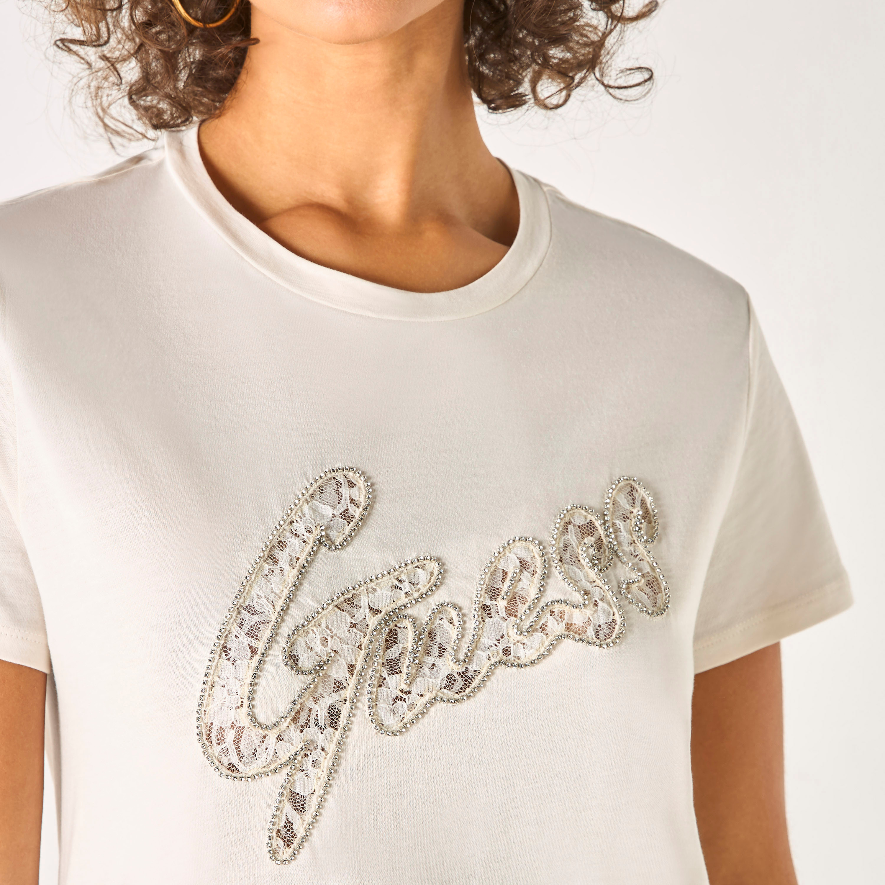 Guess Logo Embellished Round Neck T-shirt with Short Sleeves-women-clothing-tshirts-image-4