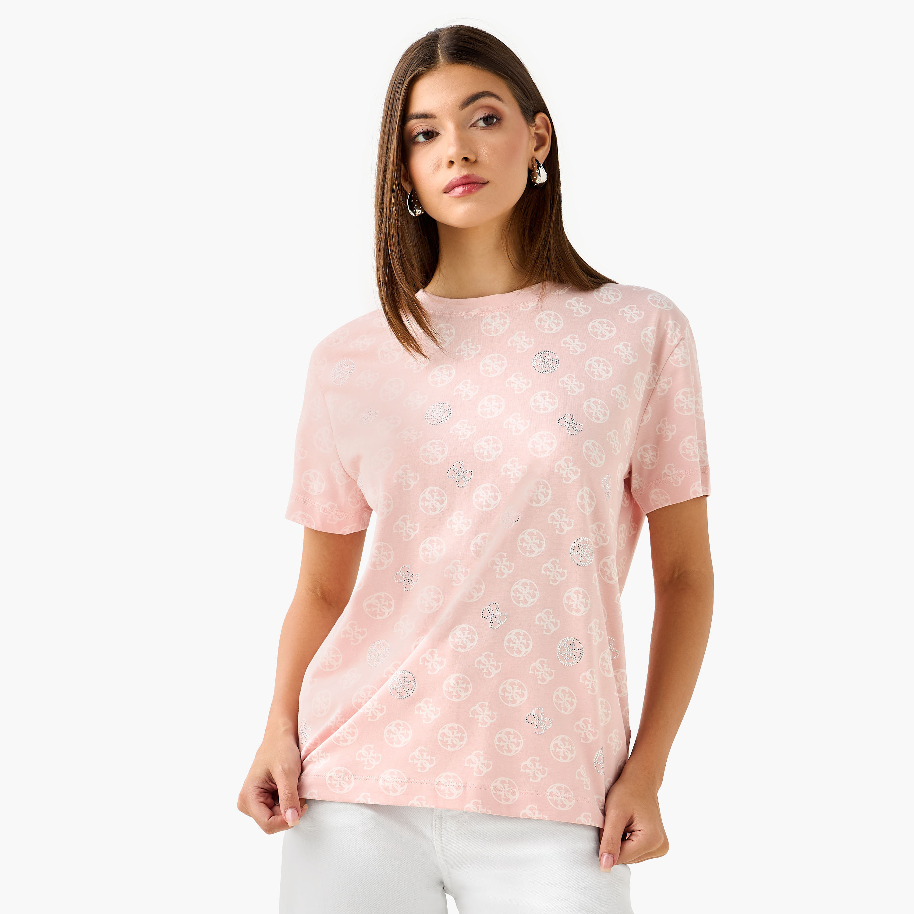 تيشيرت بطبعات مونوجرام وأكمام قصيرة من جيس-women-clothing-tshirts-image-1
