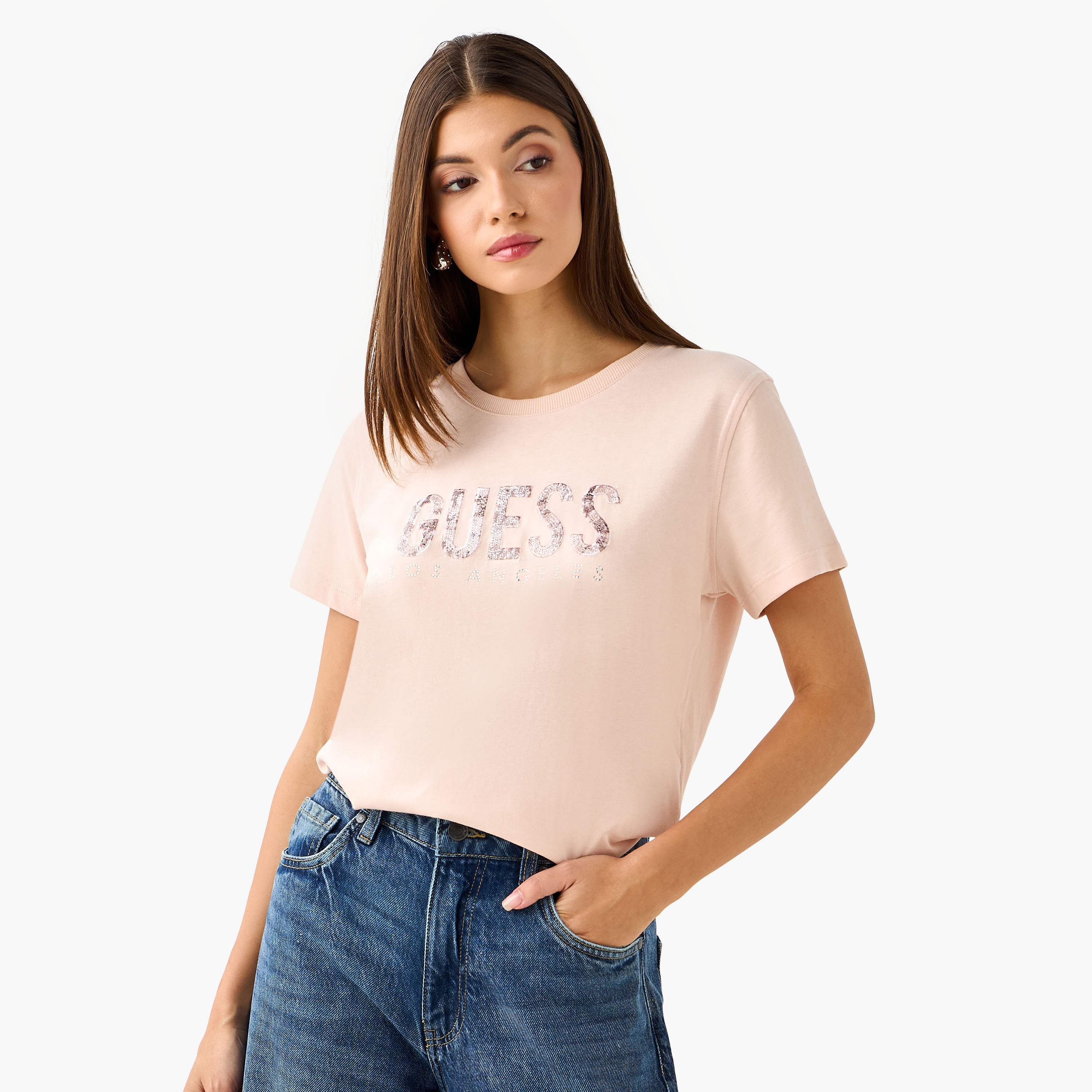 Guess Embellished Print T-shirt with Short Sleeves-women-clothing-tshirts-image-1