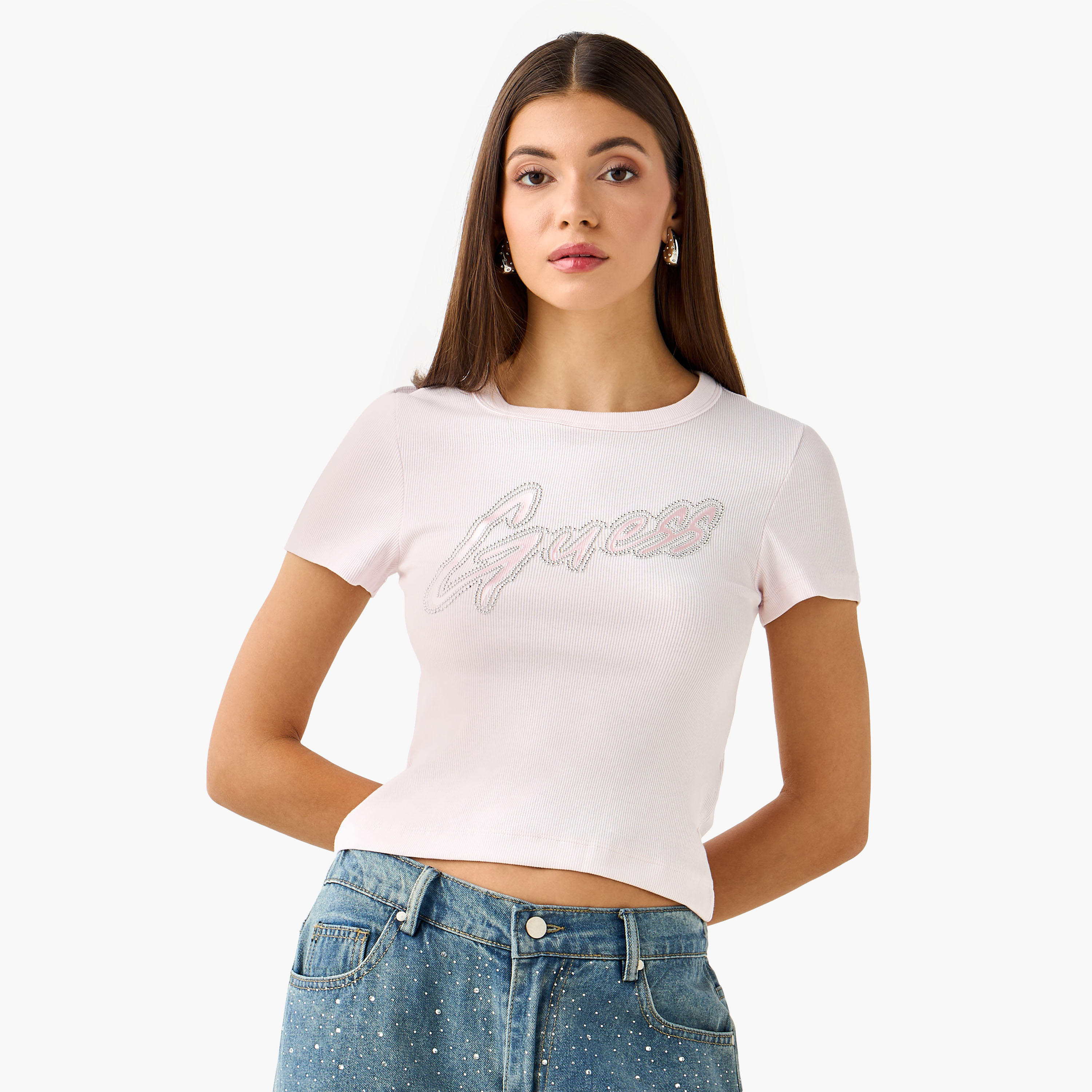 Guess Embellished Ribbed T-shirt with Short Sleeves-women-clothing-tshirts-image-1