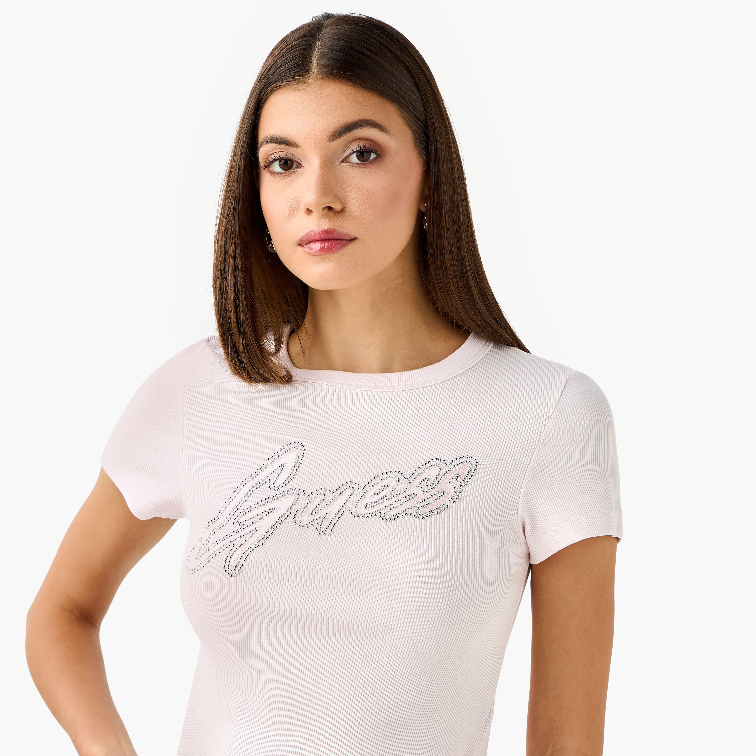 Guess Embellished Ribbed T-shirt with Short Sleeves-women-clothing-tshirts-image-4