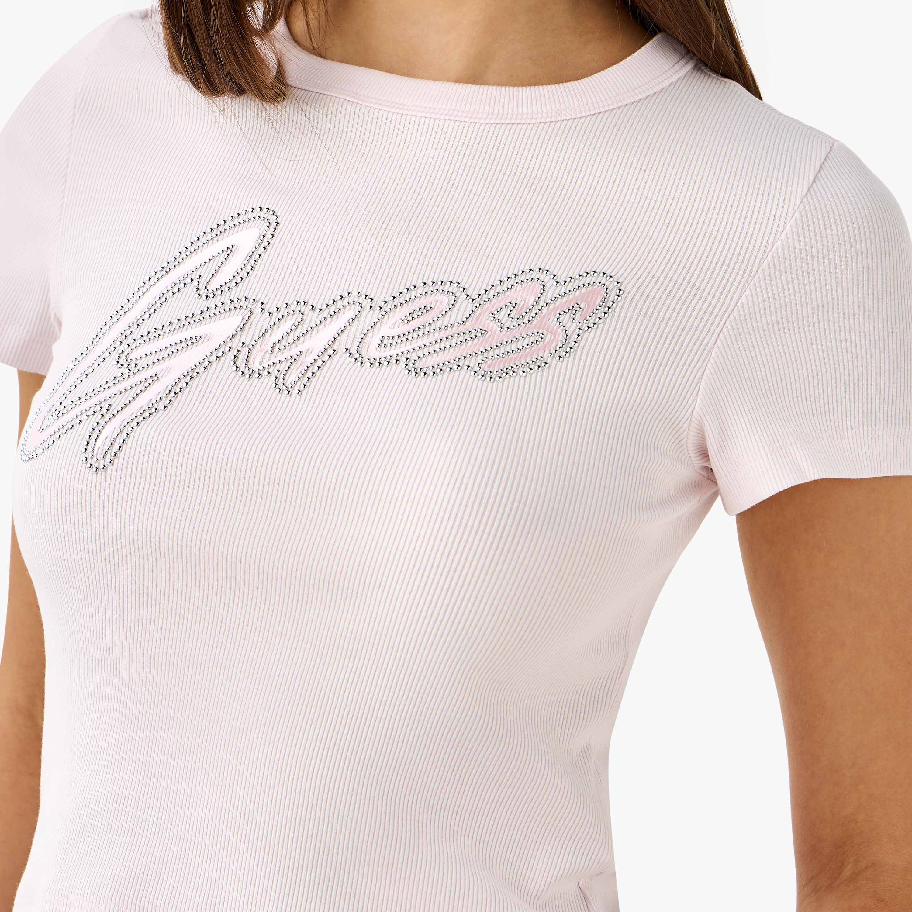 Guess Embellished Ribbed T-shirt with Short Sleeves-women-clothing-tshirts-image-5