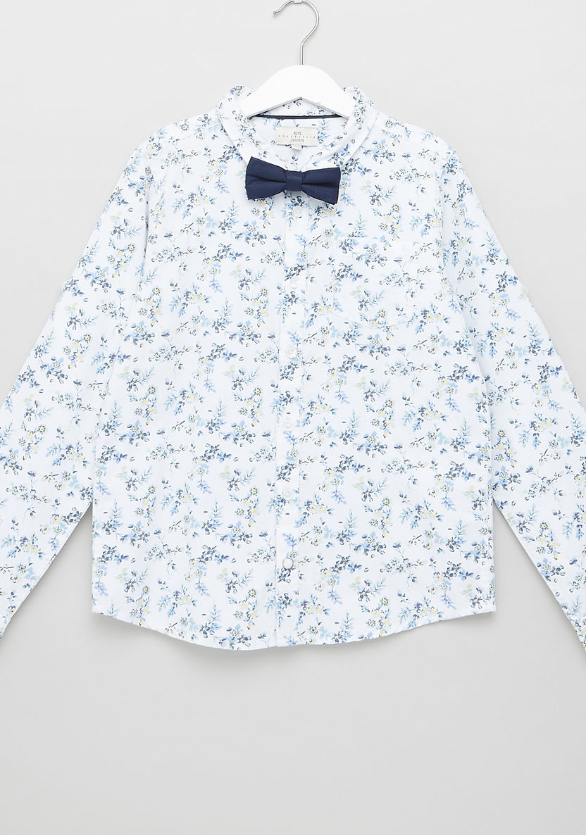 Juniors All Over Floral Print Shirt with Long Sleeves and Bow Tie-Shirts-image-0