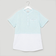 Juniors Cut and Sew Shirt with Henley Neck and Pocket Detail