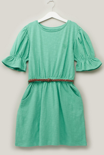 Juniors Solid Dress with Short Sleeves and Belt