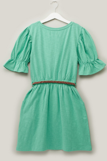 Juniors Solid Dress with Short Sleeves and Belt